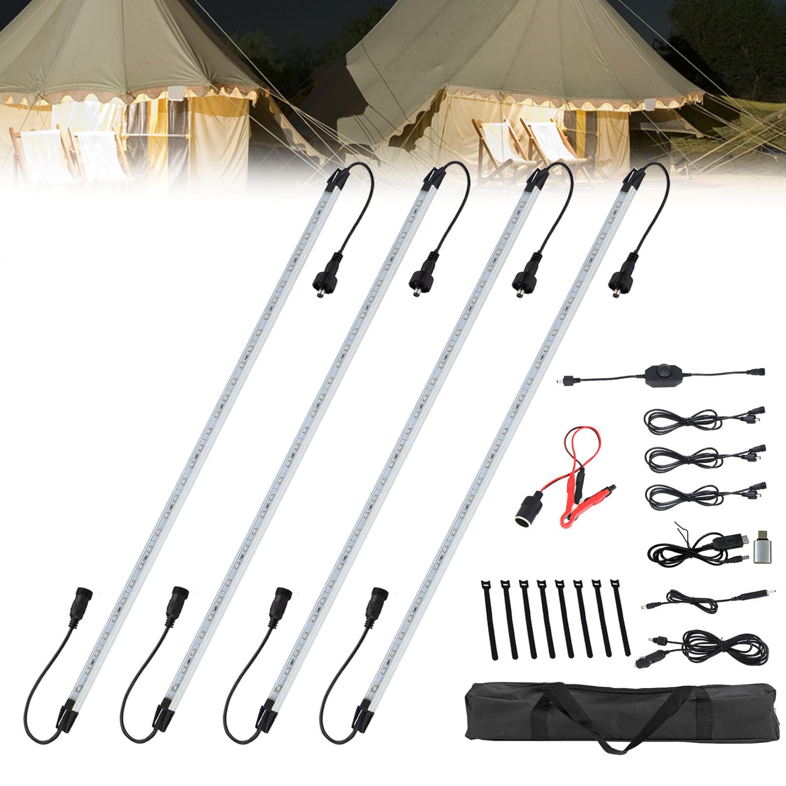12V LED Interior Light Bar Kit Dimmable IP67 Waterproof Camping String Lights  4 Bars White Aluminum Magnetic Mount Exterior Lights for RV  Camping Tent Car