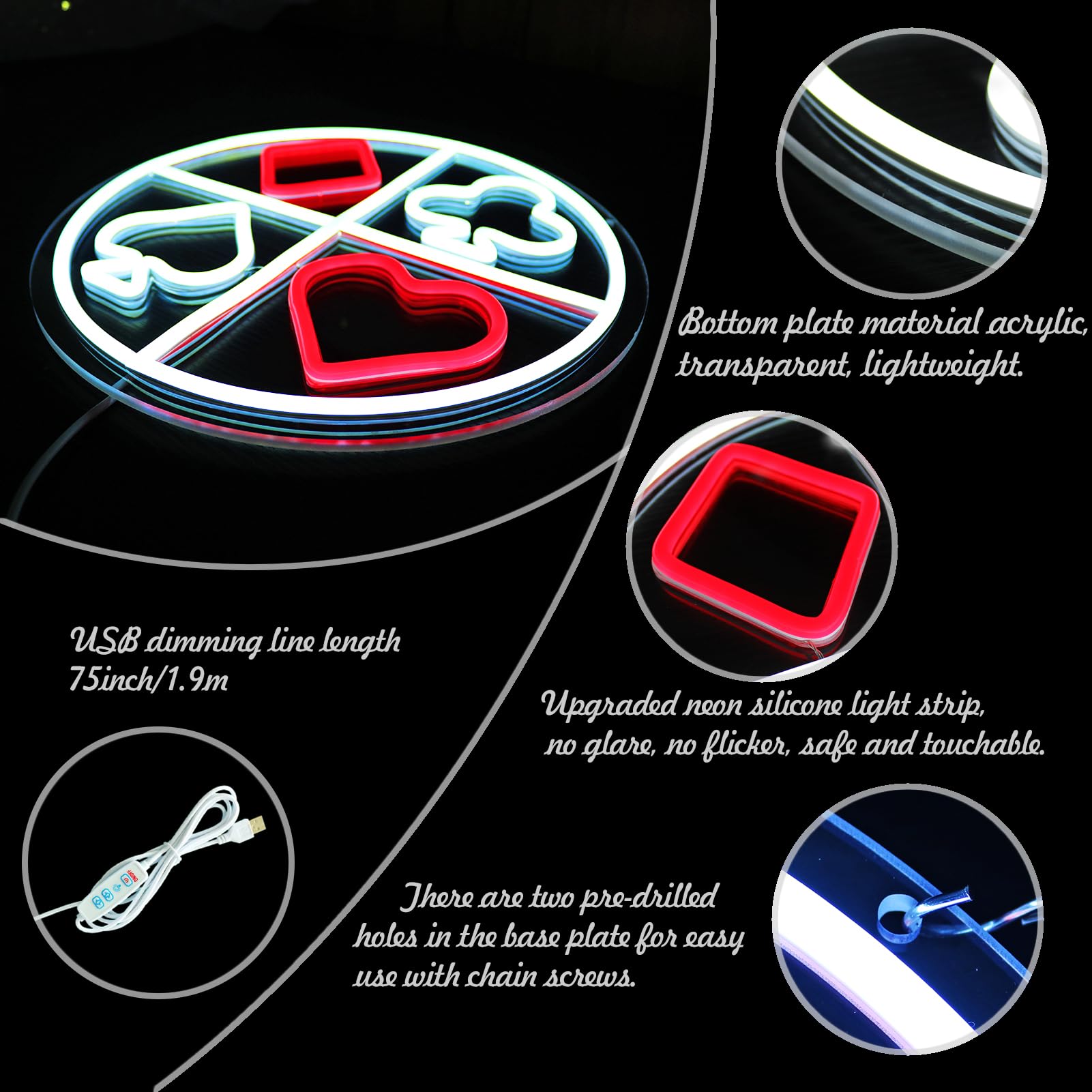 Generic board-style Suits Neon Sign - Adjustable USB Light, 12.6inx12.6in, Acrylic, Red & White Glow, Game Room Decor
