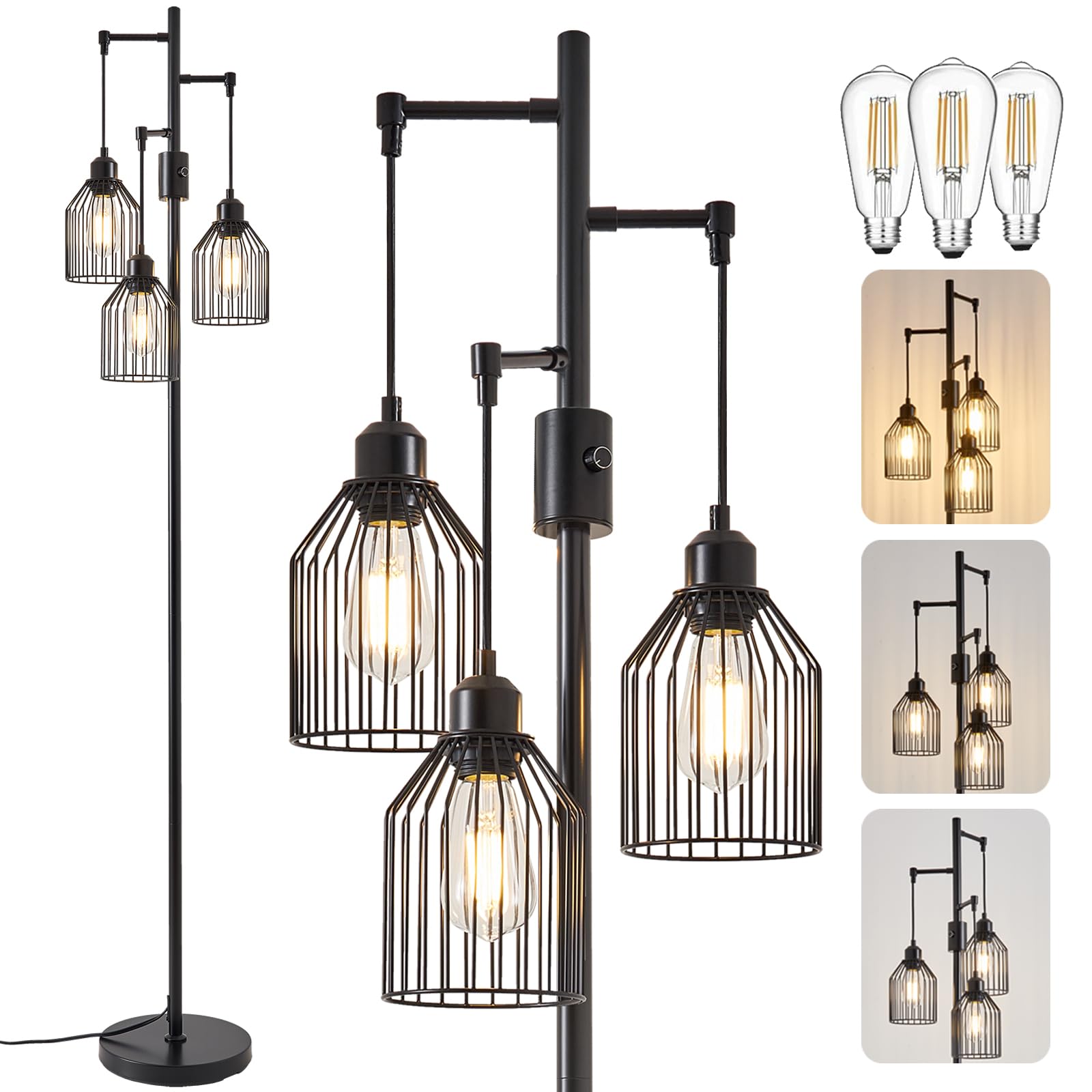 A1A9 Dimmable Floor Lamp, Industrial Style with Hanging Cage, 68.5in Black, 3 LED Edison Bulbs Included, Model NF-22425