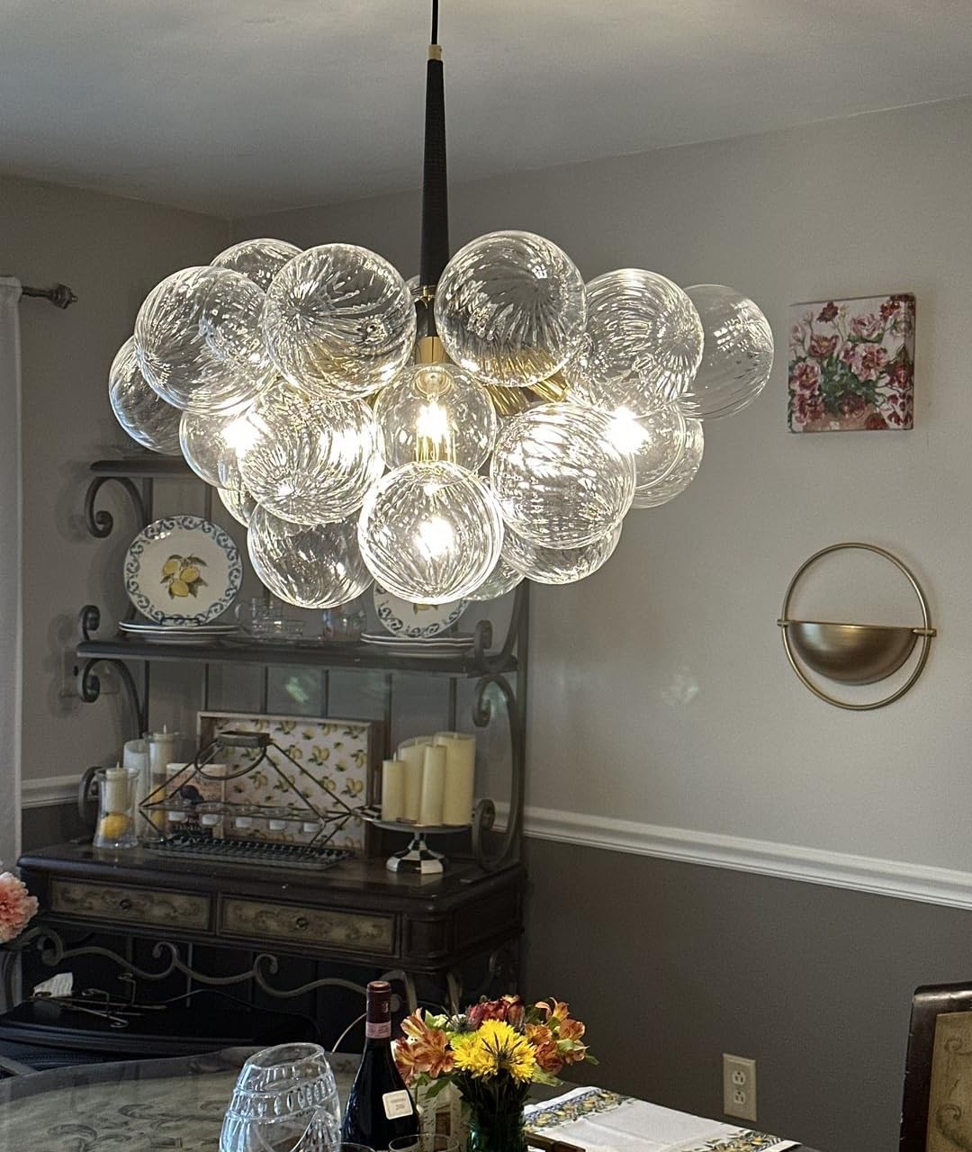 Beypan Mid-Century Bubble Ball Chandelier Clear Swirled Blown Glass 6-Light Cluster Globe Pendant Light Dia 24" Black Gold Chandeliers Lighting Light Fixtures For Dining Room Bathroom Island Entryway