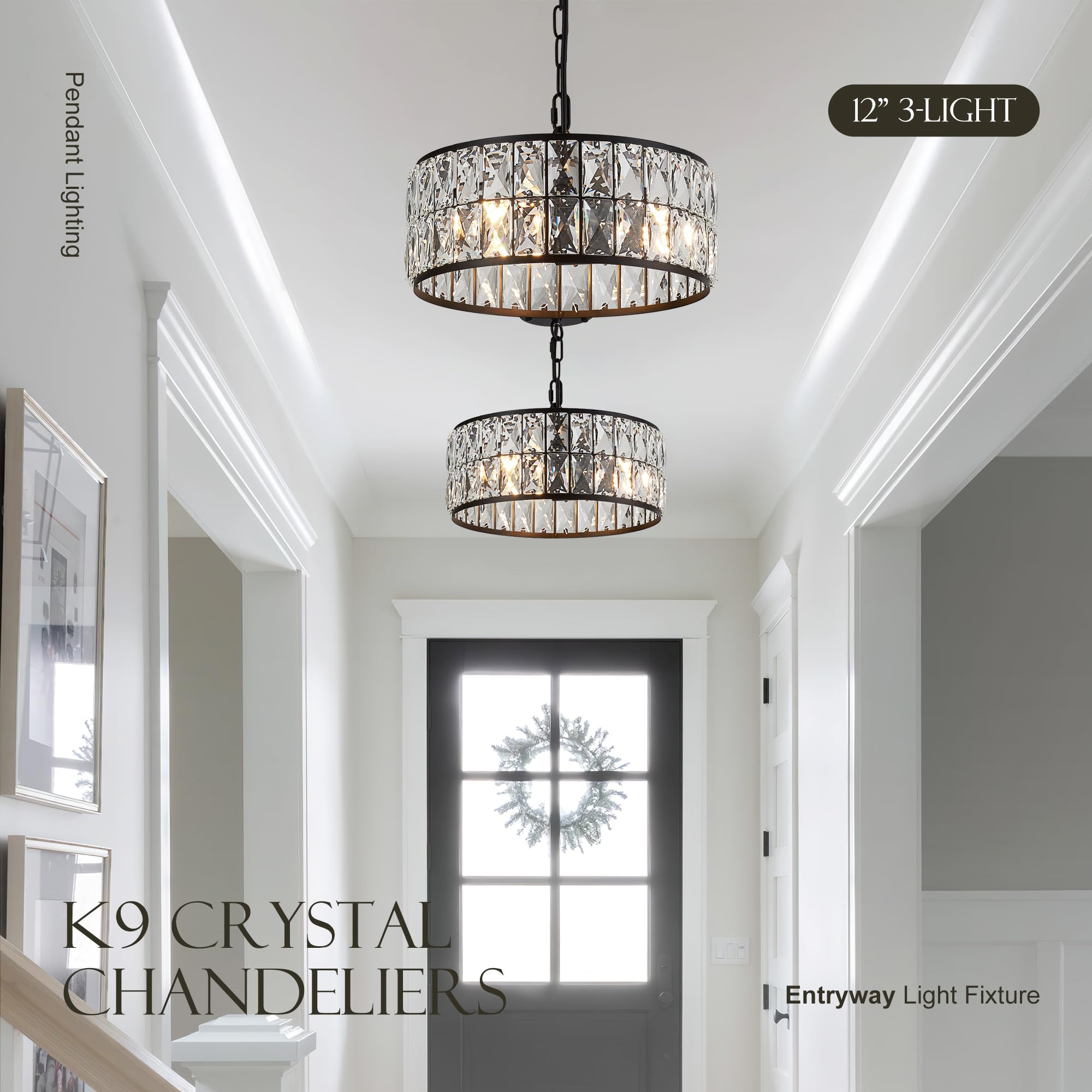 Salaiwei 12    3-Light Modern Crystal Chandeliers Black Dinning Room Light Fixture, Round Pendant Light Kitchen Island Chandelie