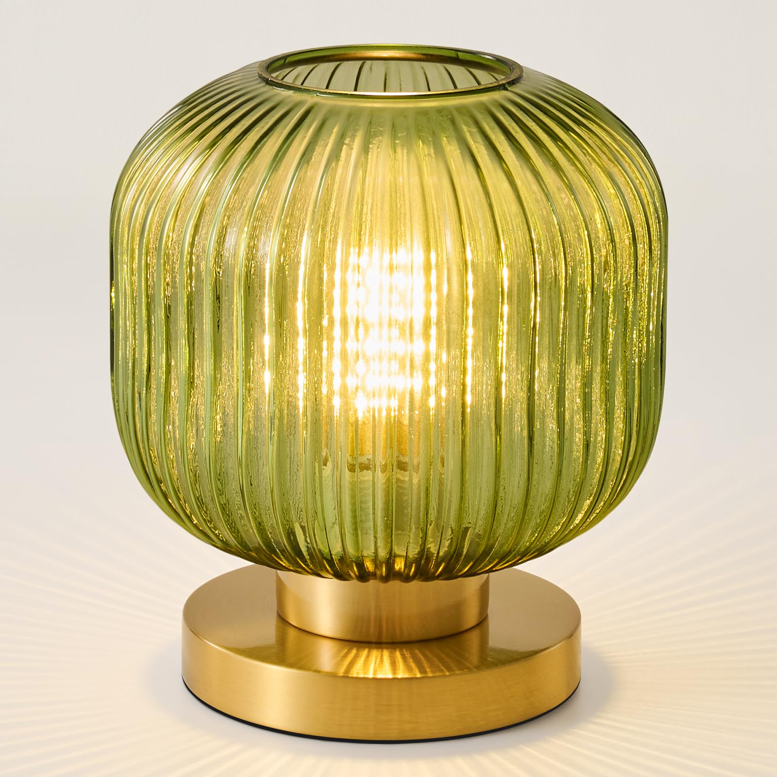 Small Green Glass Table Lamp: Mid Century Modern Dimmable Nightstand Lamps - Vintage Decor Brass Desk Lamp With Plug - Ribbed Gl