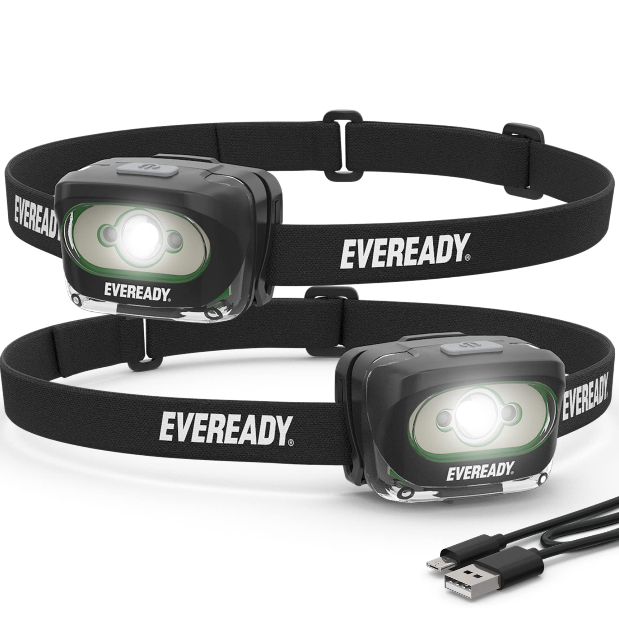 Rechargeable LED Headlamps by Eveready (2-Pack), IPX4 Water Resistant Head Lights for Running, Camping, Emergency, Outdoors (USB