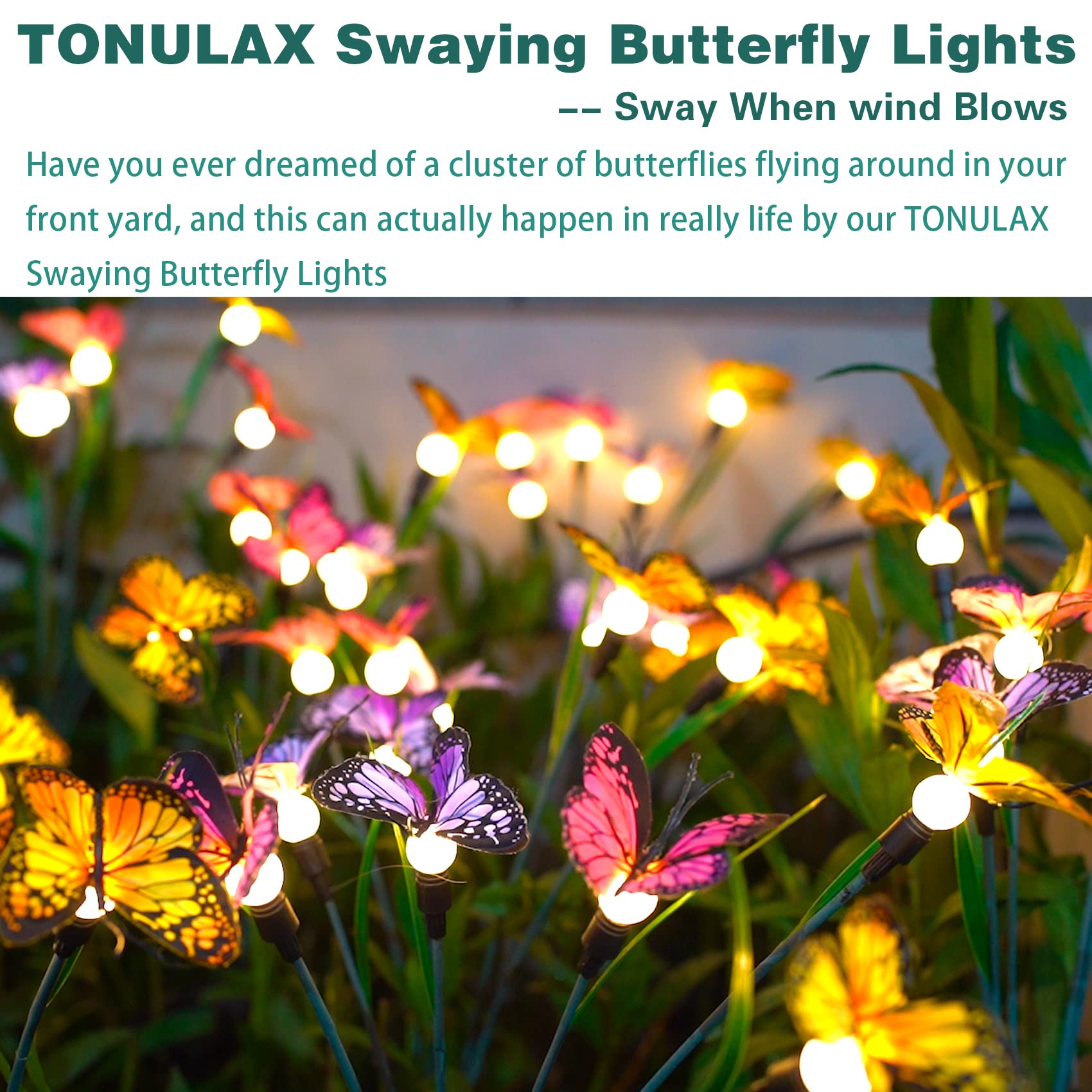 TONULAX Solar Garden Lights - Swaying Butterfly, 2 Pack, Multicolor, Flexible Iron Wire, Outdoor Yard Decoration