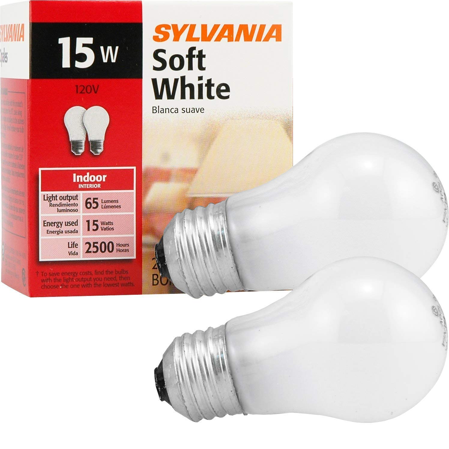SYLVANIA A15 Incandescent Bulb, 15W, Medium Base, 2 Count, White, Model 1147