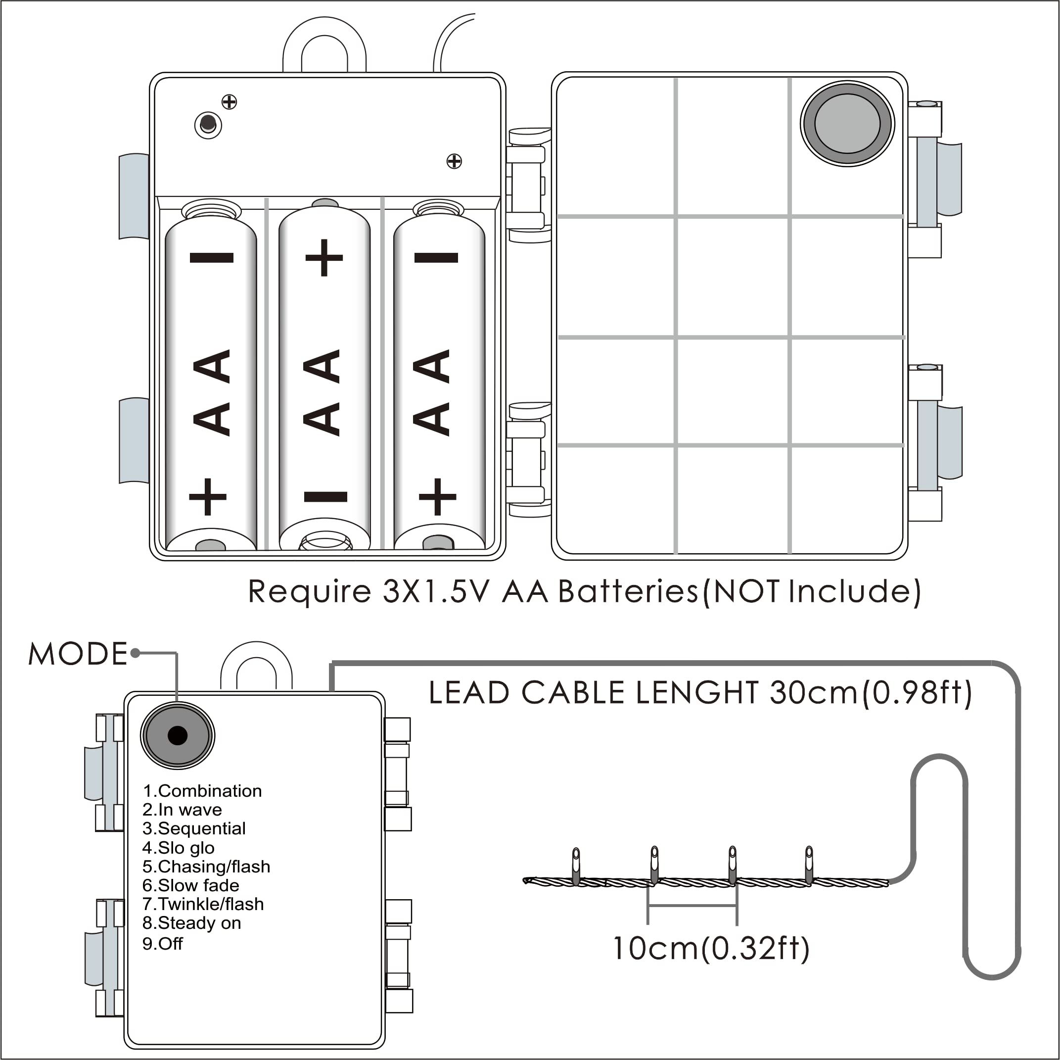 GHJ 200 LEDs Battery Operated Christmas Lights, Dark Green Cable, Waterproof Indoor/Outdoor, Remote Control, Model BDB-200-L