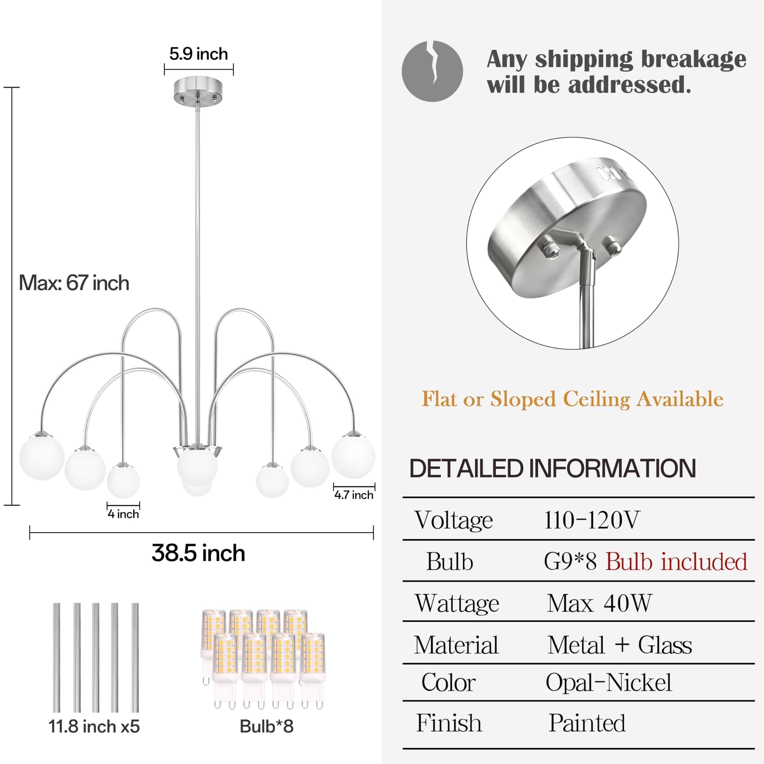 Bagood Nickel Sputnik Chandelier 8-Light Globe Pendant Light 38.5    Modern Sputnik Light Fixture With Milk Glass Globe Shade Di