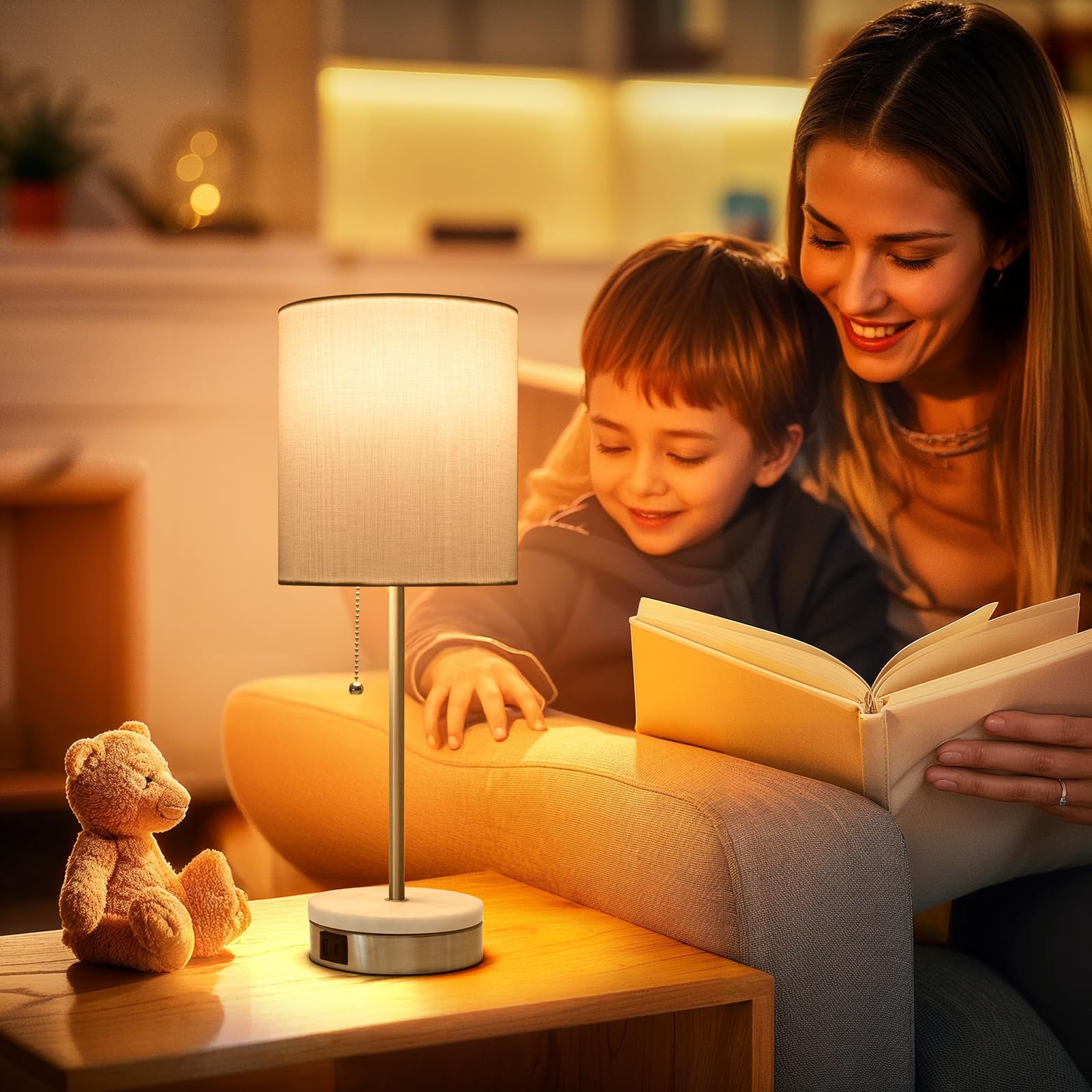 Velxee Marble Table Lamp, Bedside Lamps With Pull Chain For Bedroom, Lamp For Night Stands With Usb Ports And Square Shade For L