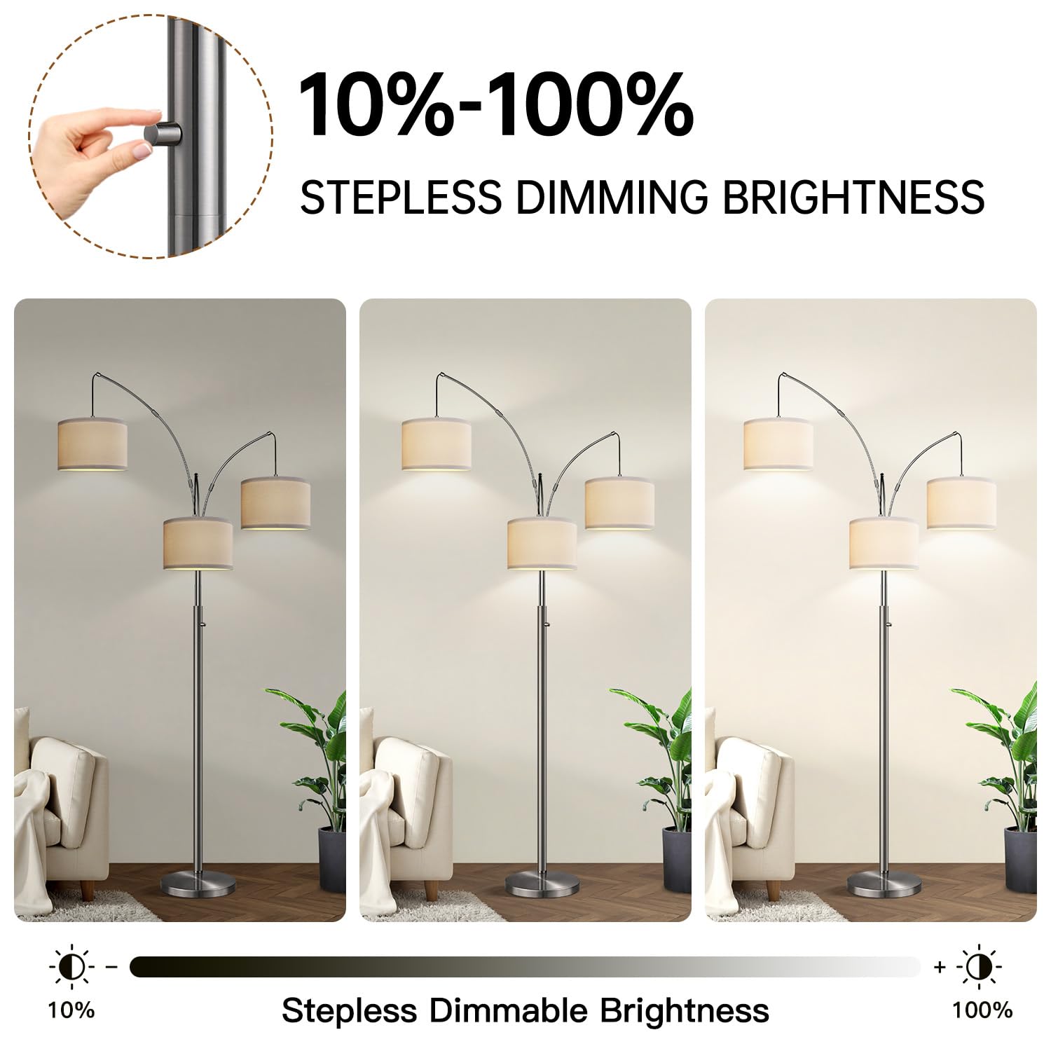 Nintiue Dimmable Floor Lamp - 3-Light Metal Brushed Nickel with White Shades, Mid Century Design, Model F1378G, 3 LED Bulbs Included