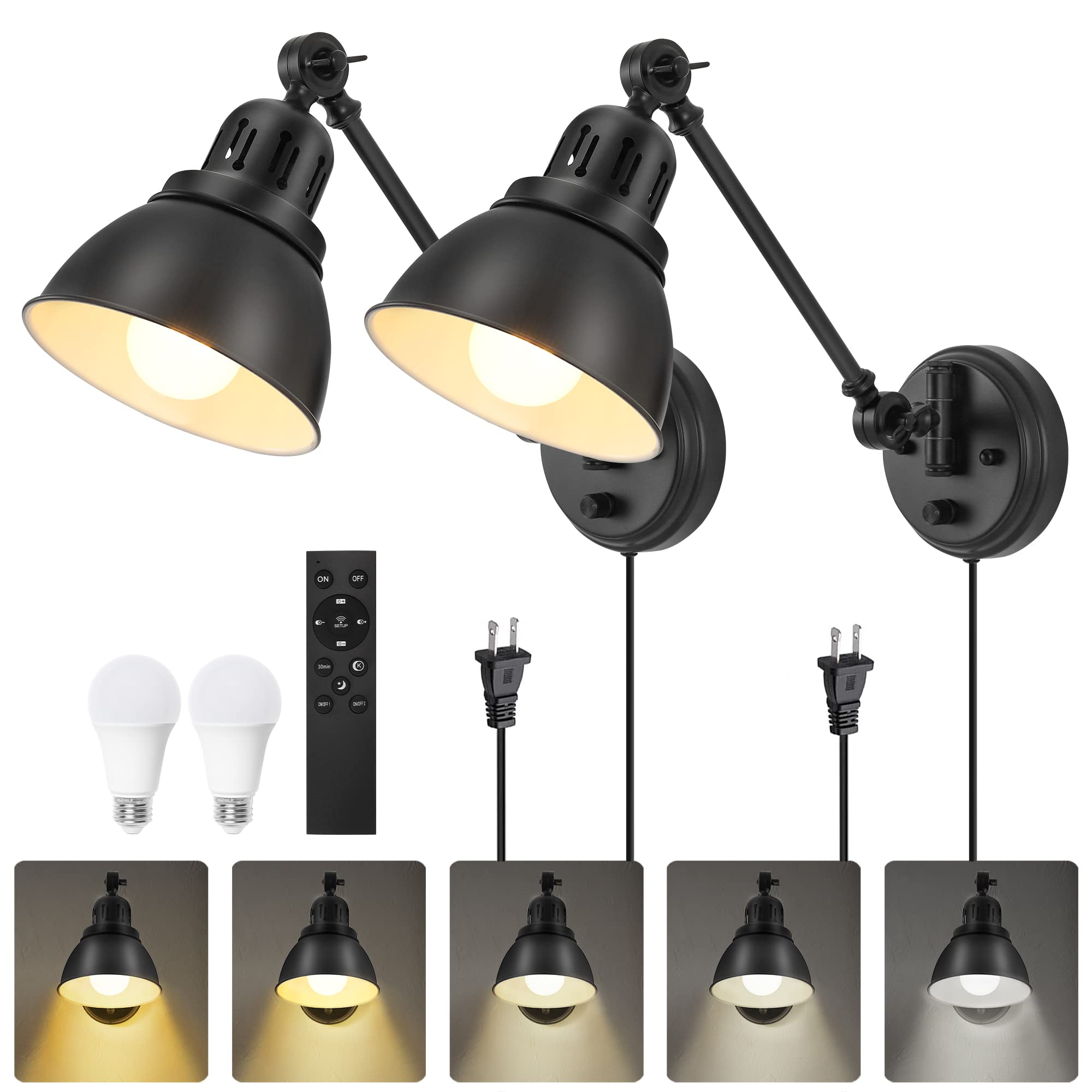 Goodate Black Remote Plug-In Wall Sconces, 2 Pack, Dimmable Led, Night Light & Timer