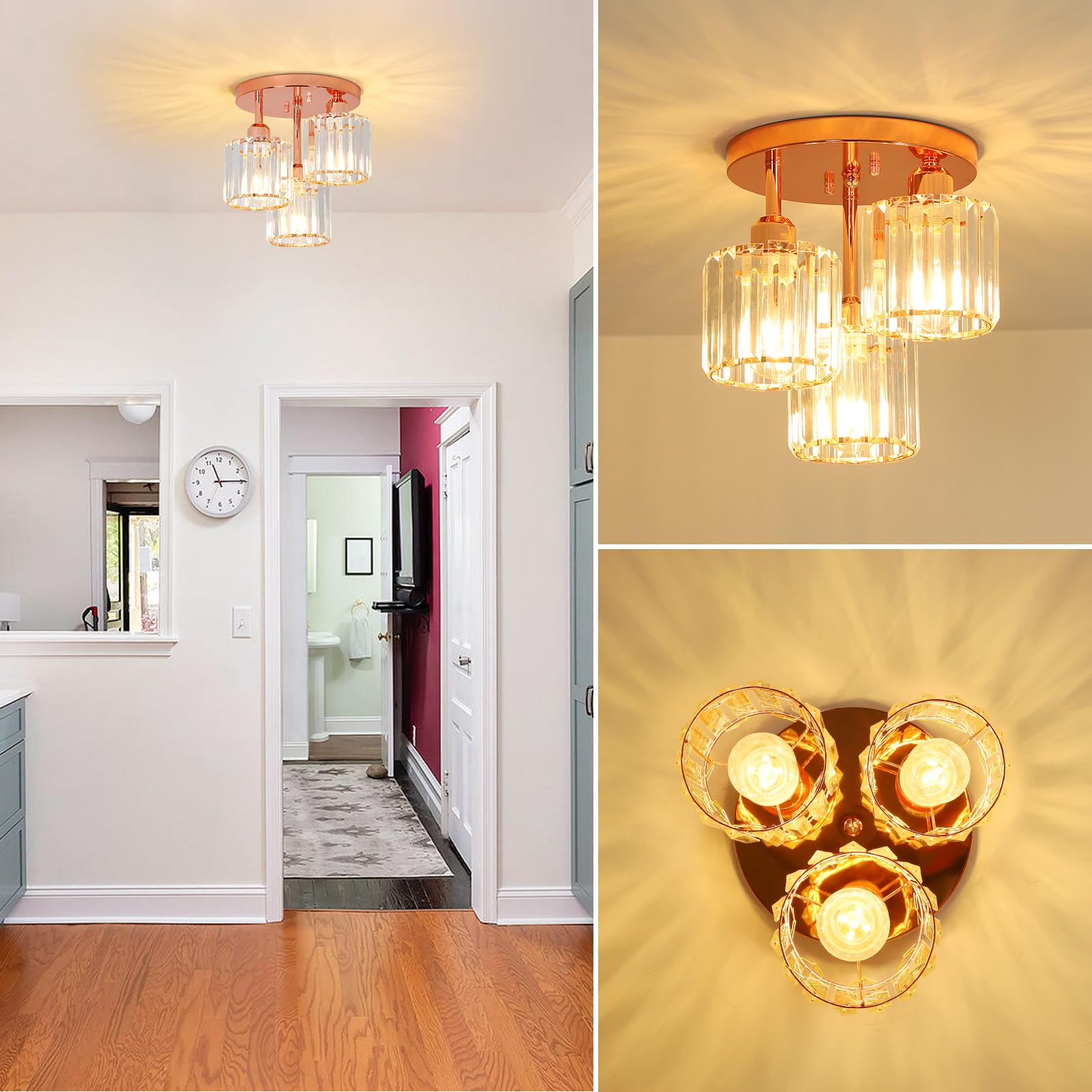 PAUFUL Crystal Semi Flush Mount Ceiling Light, 3-Light Modern Design, Rose Gold, Model 211101F1