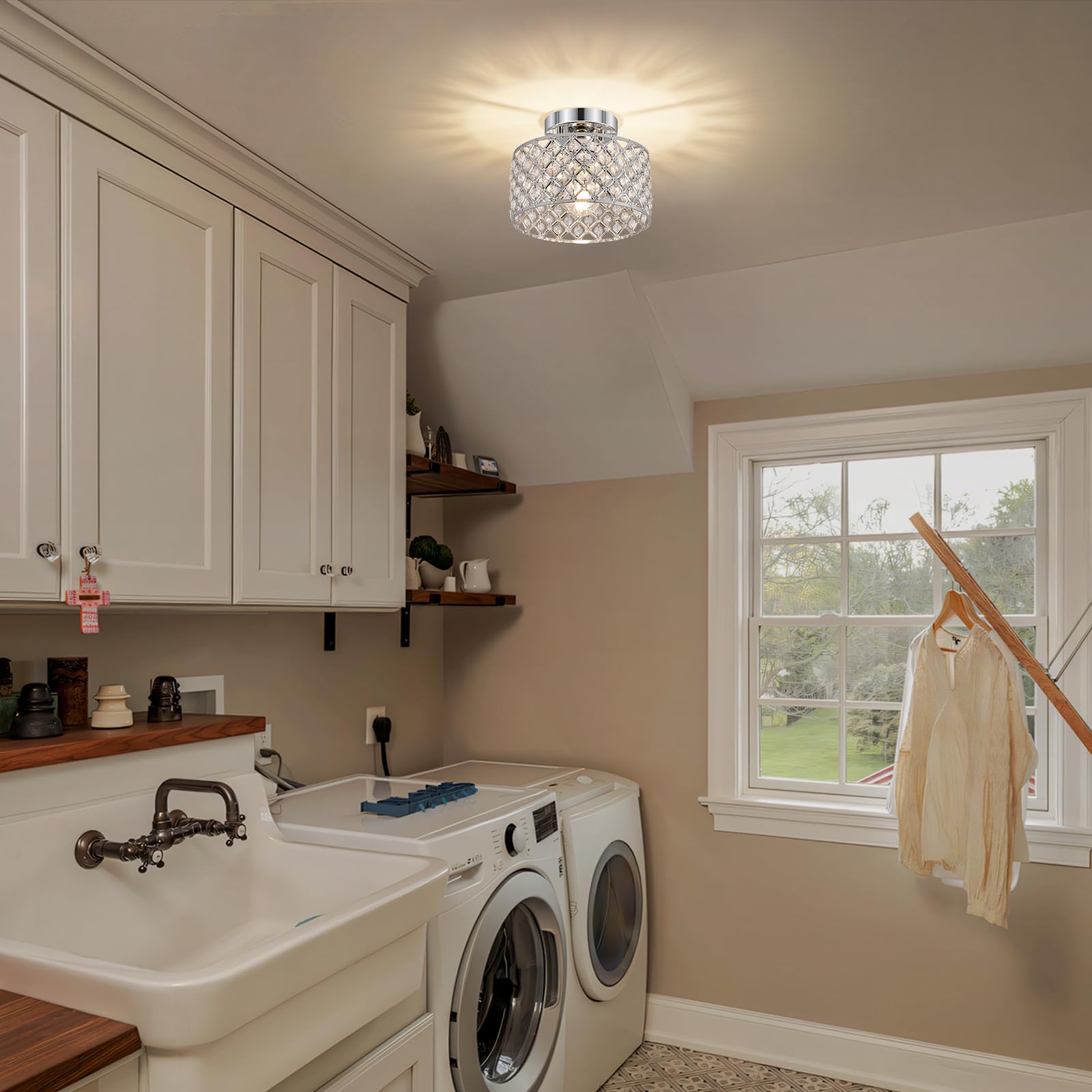 Chrome Crystal Ceiling Light Fixture Modern Semi Flush Mount Ceiling Lighting Fixture Round Small Chandelier For Hallway  Entryway  Laundry Room  Kitchen  Bedroom  Foyer  Bathroom  1 Light  9 Inch