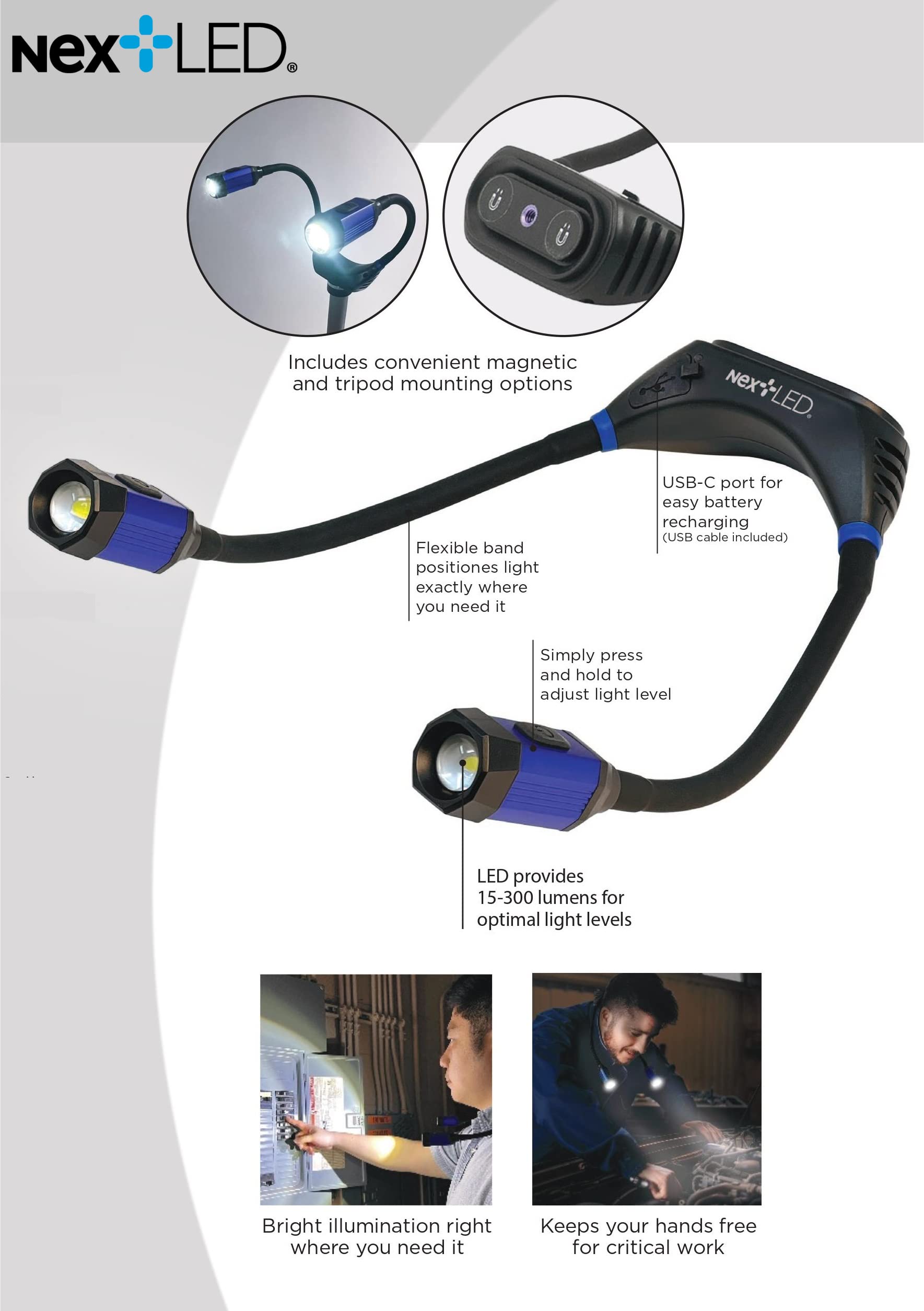 Nextled Nt-6633 Heavy Duty Rechargeable Neck Light With Magnetic Base, Ipx4, 2000Mah Battery, Led Mechanic Neck Light Hands Free