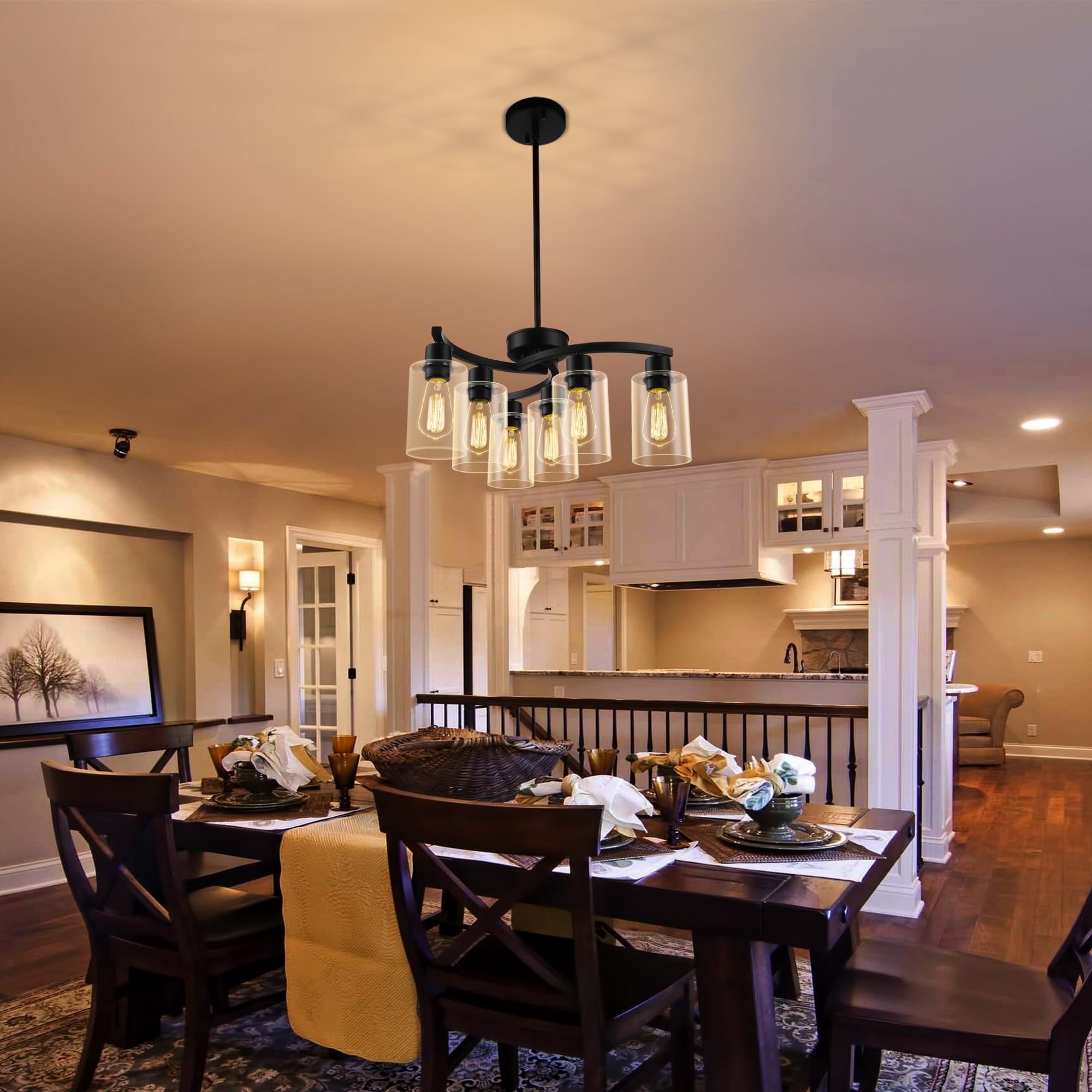 CNRATYE 6-Light Black Chandelier, Modern Farmhouse Pendant with Glass Shade, Adjustable Height for Dining Room and Kitchen Island