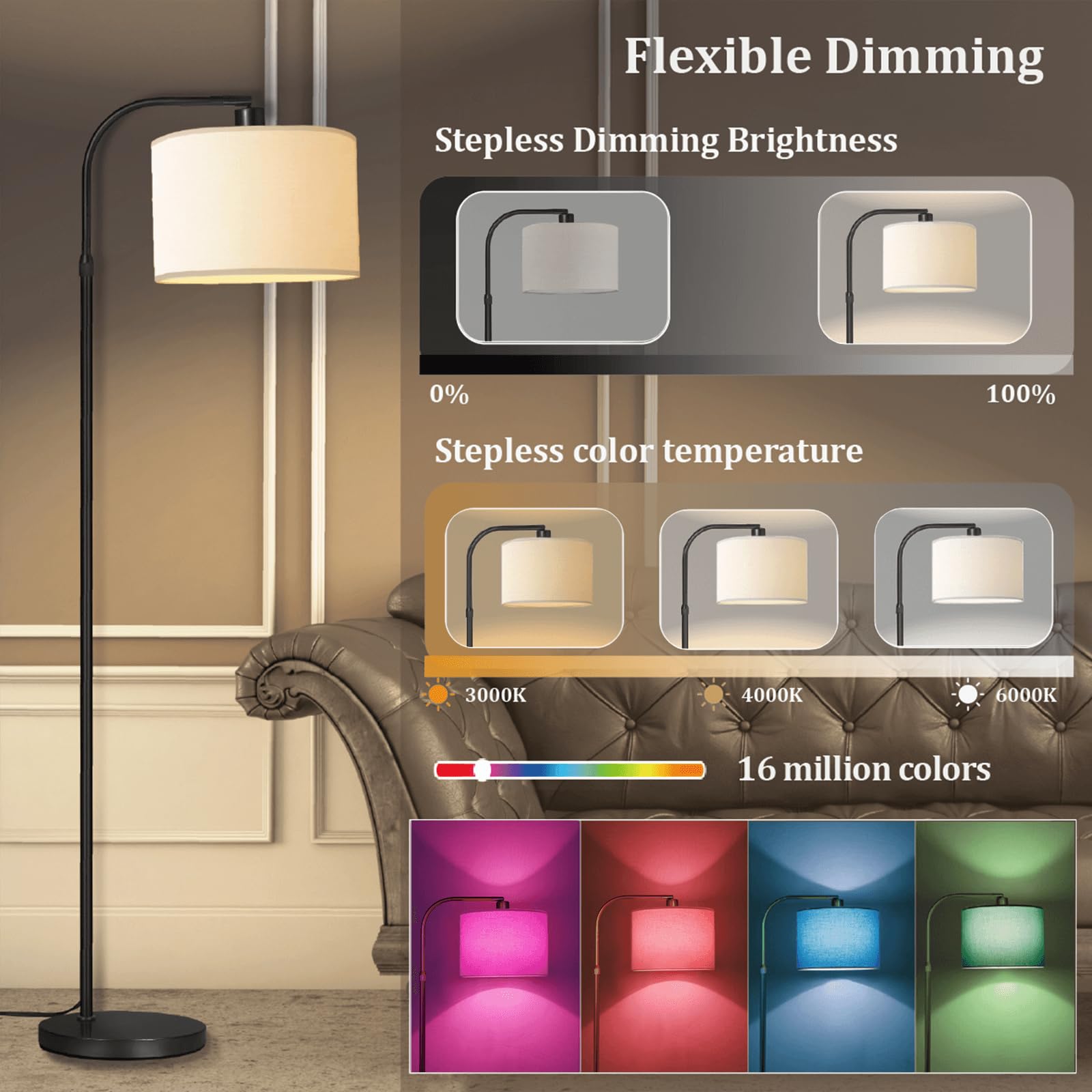 FINNCHY Black Floor Lamp with Remote Control, 1200 Lumens Adjustable Height Arc Floor Lamps for Living Room, Black Standing Lamp