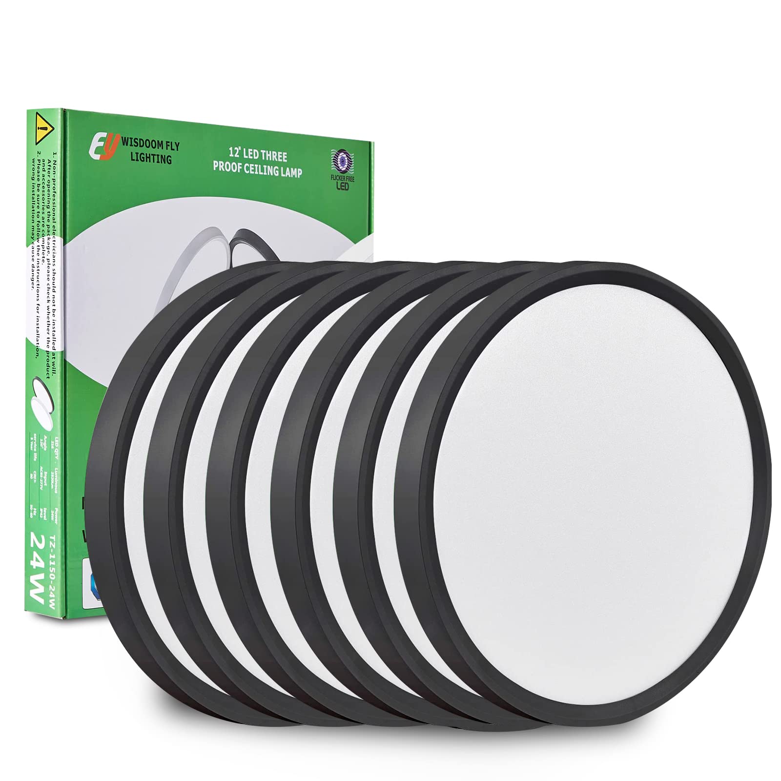 12 Inch Led Flush Mount Ceiling Light 6Pk, 24W, 2520Lm, 3000K/4000K/6000K Cct Selectable, Round Flat Panel Light Low Profile Ceiling Light Fitures For Hallway, Kitchen, Bedroom, Laundry Room, Black