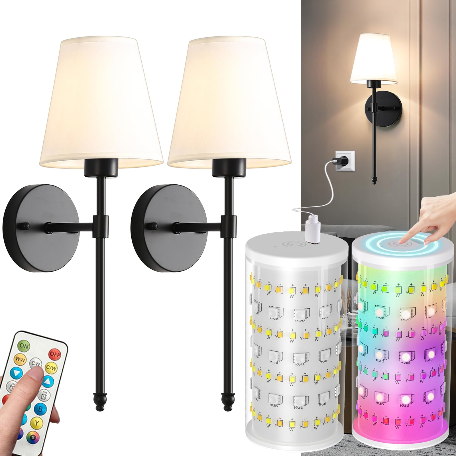 Wireless Wall Sconces Set of Two Battery Operated, Rechargeable Wall Lamp with 10000 mAh Dimmable Bulb & Remote, 10 Colors Wall 