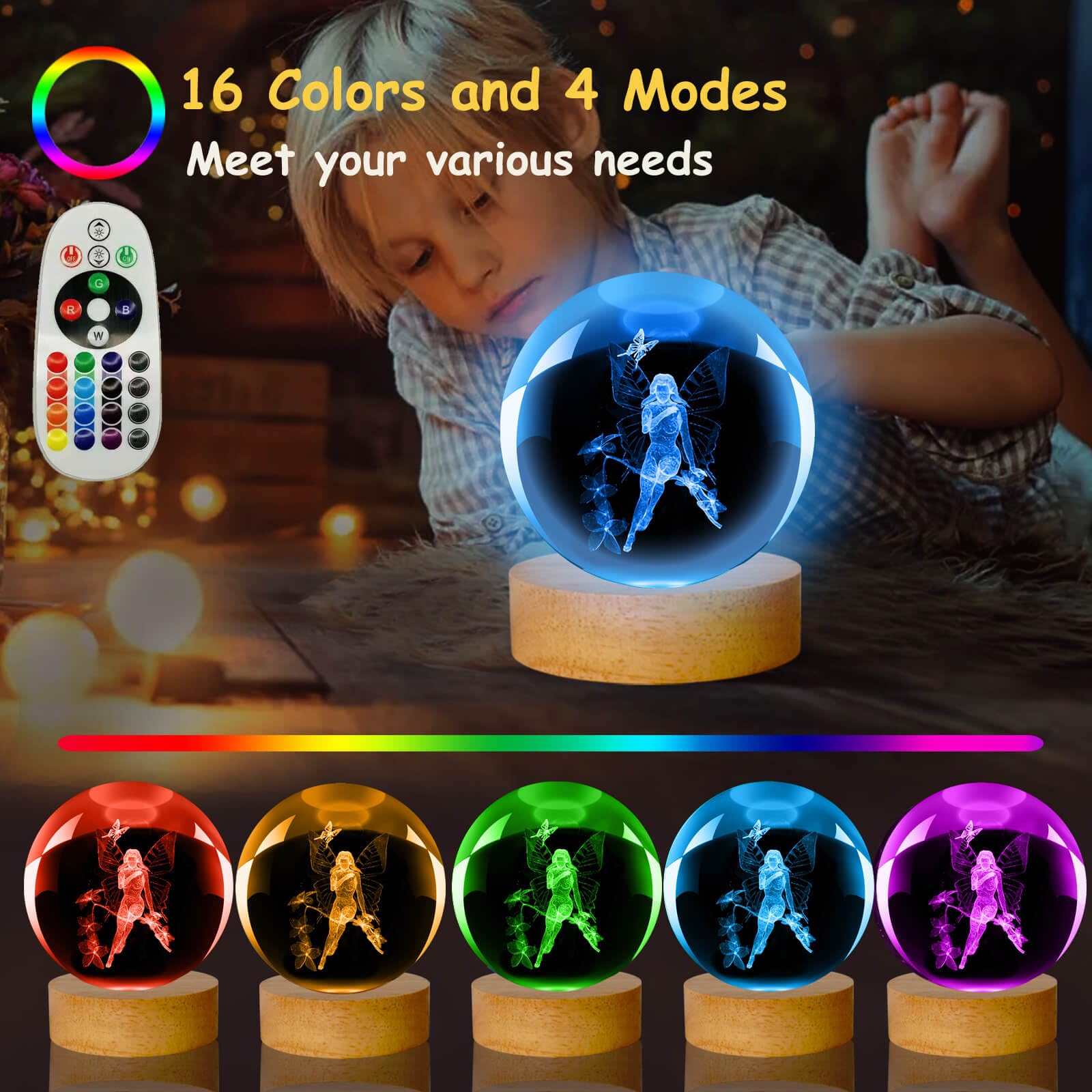 Linsina 3D Butterfly Fairy Lamp, 3.15In 16 Colors Crystal Ball Night Light With Wooden Base And Remote Control, Birthday Gift An
