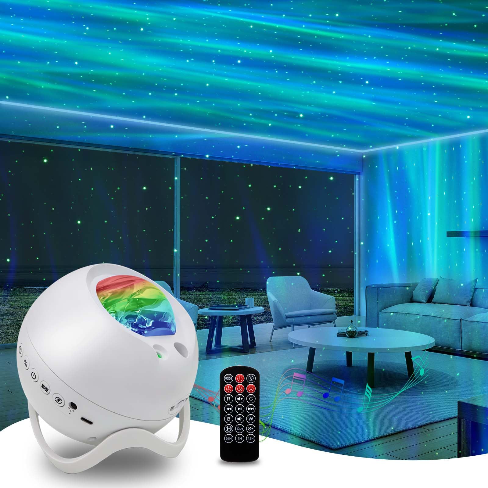 HERHOTER Star Projector with Bluetooth Speaker, Remote Control, White Noise, 5.3in, White, Model BL-XK09-05