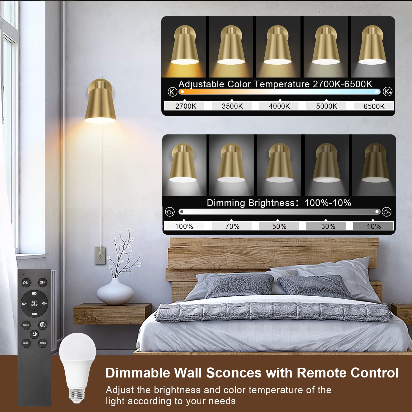 VATONI Wall Sconces with Remote Control, Dimmable & Adjustable Color Temp, Gold, 2 Pack, Brass, Model Stlamp-Grs-2Re