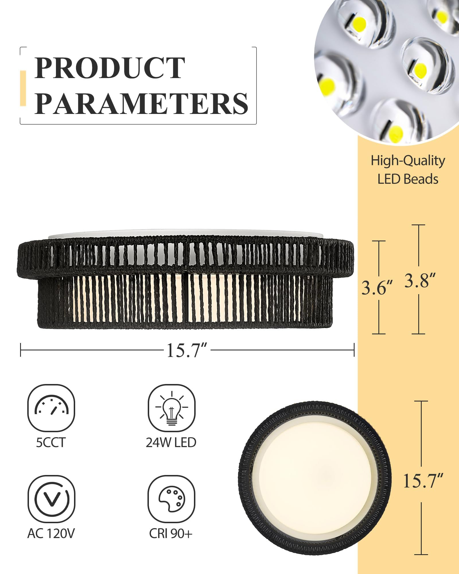 HWH INVESTMENT Black Rattan Ceiling Light, 24W LED Flush Mount, 15.7 Inch, Model 5HYS78MF-LED BK, Boho Twine Coastal Lighting