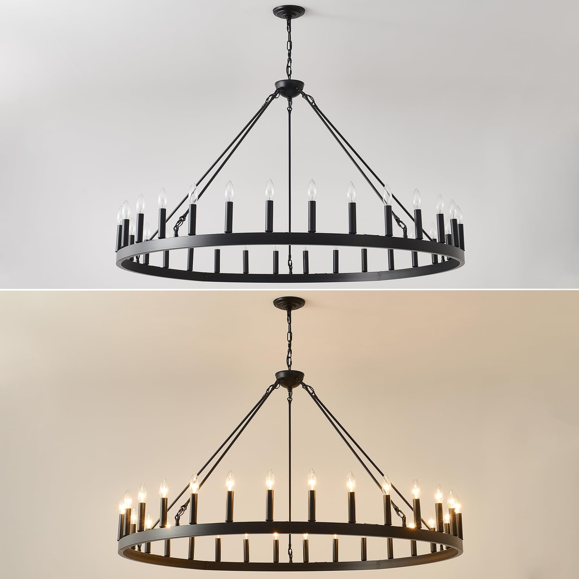 Zbmyrbzj 53&quot; Black Wagon Wheel Chandelier, 30-Light Metal Fixture For High Ceilings & Dining Room