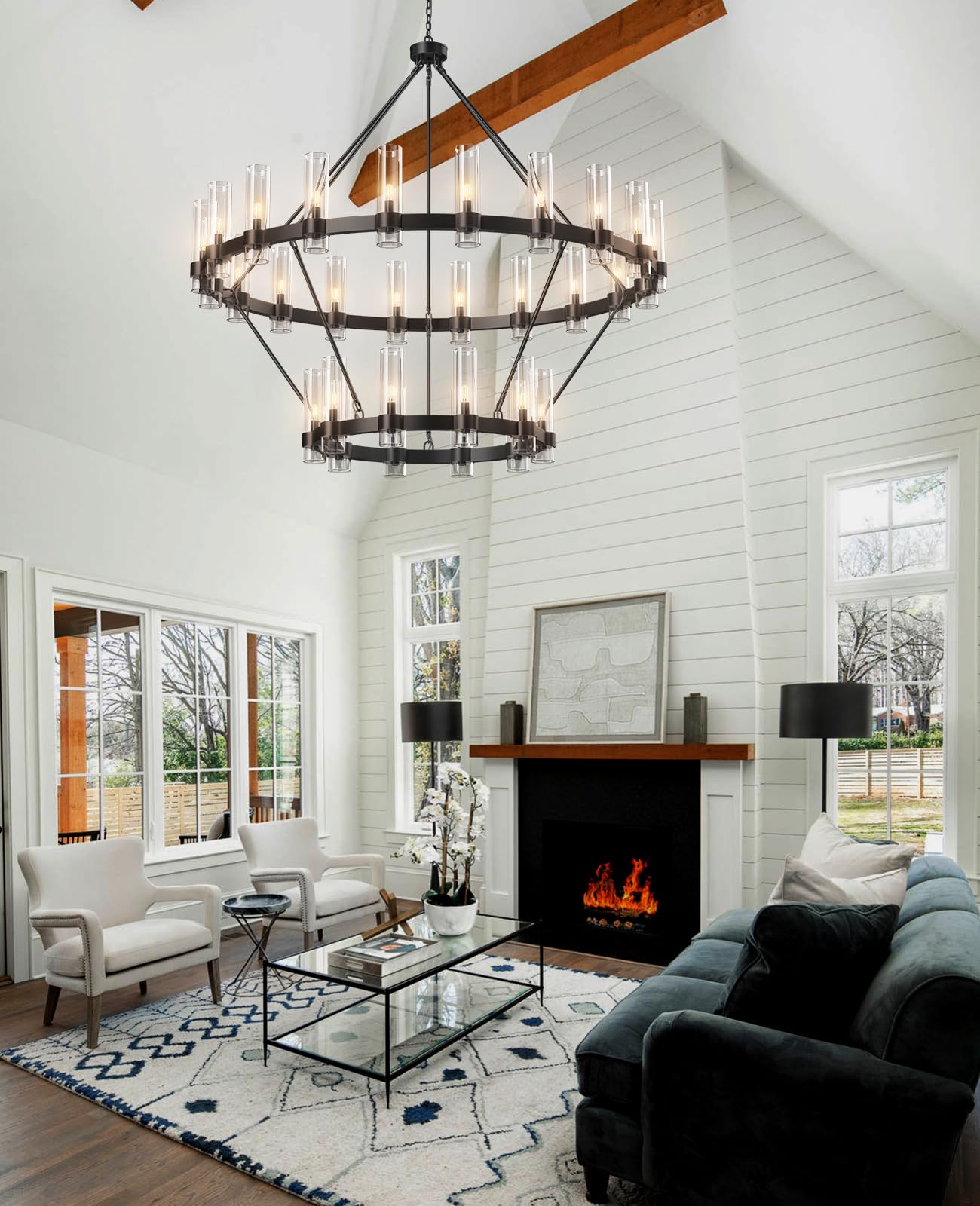 Yiosi Wagon Wheel Chandelier, 30-Lights Black Chandelier With Glass Shade,60 Inch Large Round Industrial High Ceilings Pendant L