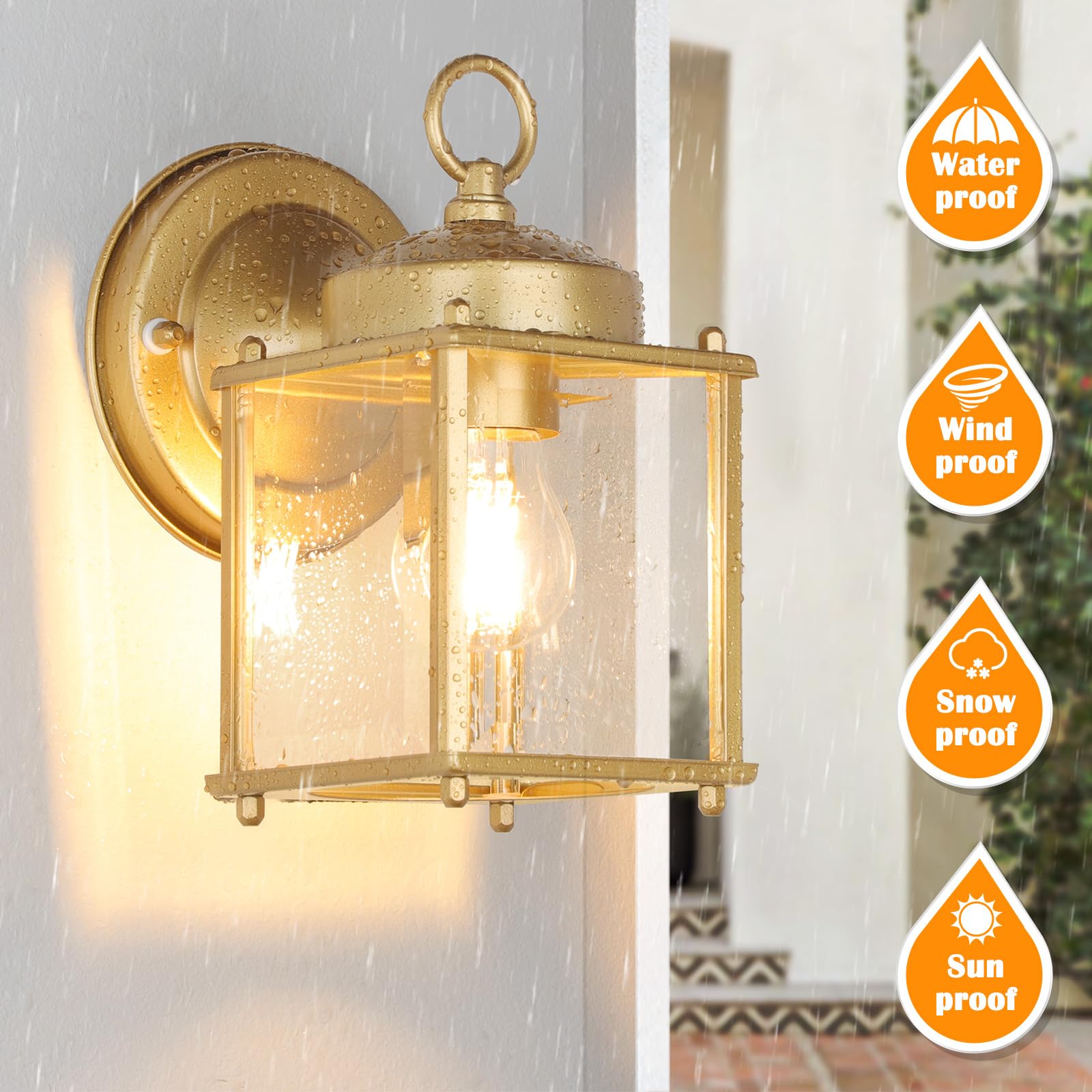 Matameye Outdoor Wall Lantern, Exterior Waterproof Wall Sconce Light Fixtures, Gold Front Door Wall Lighting With Clear Beveled