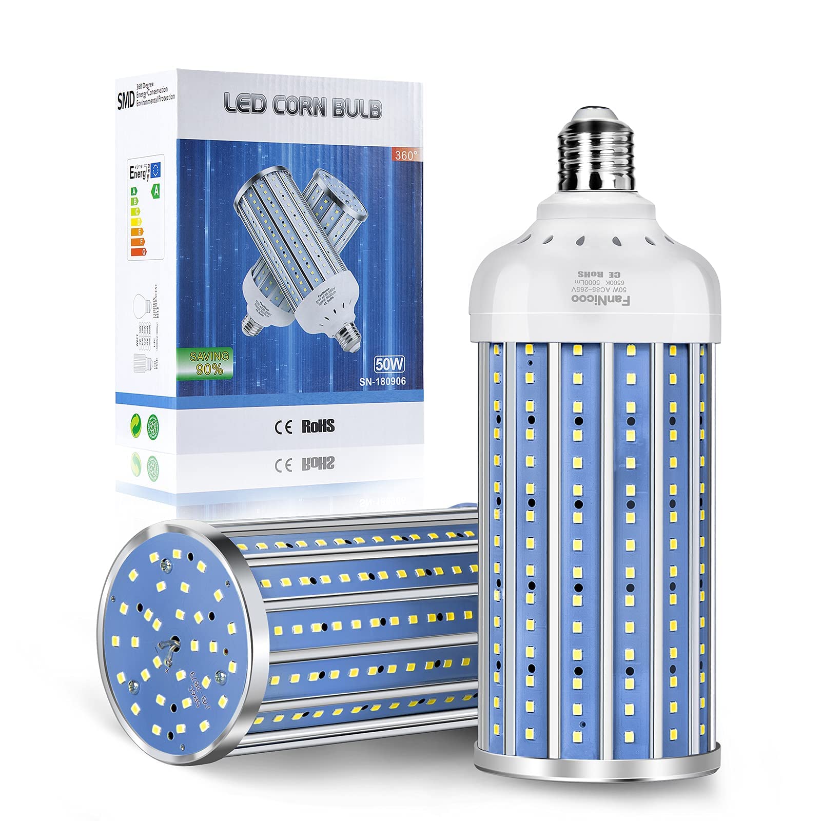 Led Corn Light Bulb 500W Equivalent 5000 Lumen 6500K 50W Large Area Cool Daylight White E26/E27 Medium Base Corn Bulb For Outdoo