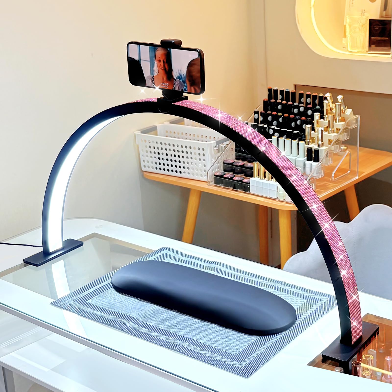FFKJDM Half Moon Light for Nail Desk - 29-inch LED Nail Tech Lamp with Hands Pillow, Phone Holder,Dimmable Arch Design,48W Porta