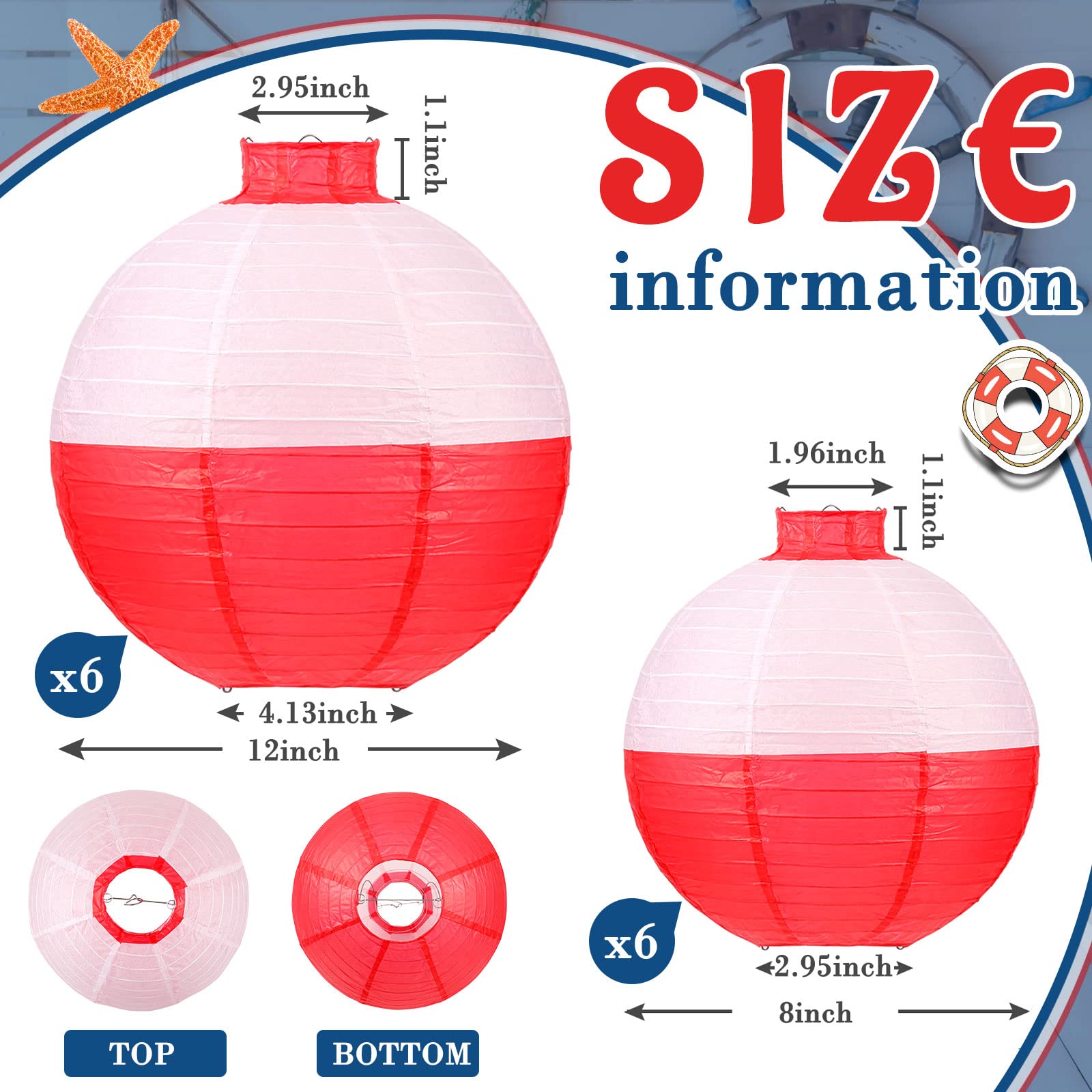 Set Of 12 Fishing Bobber Round Paper Hanging Lanterns Fishing Birthday Decorations Hanging Paper Lanterns For Fishermen Theme Party Decoration Supplies, 12 Inches, 8 Inches (Red And White)