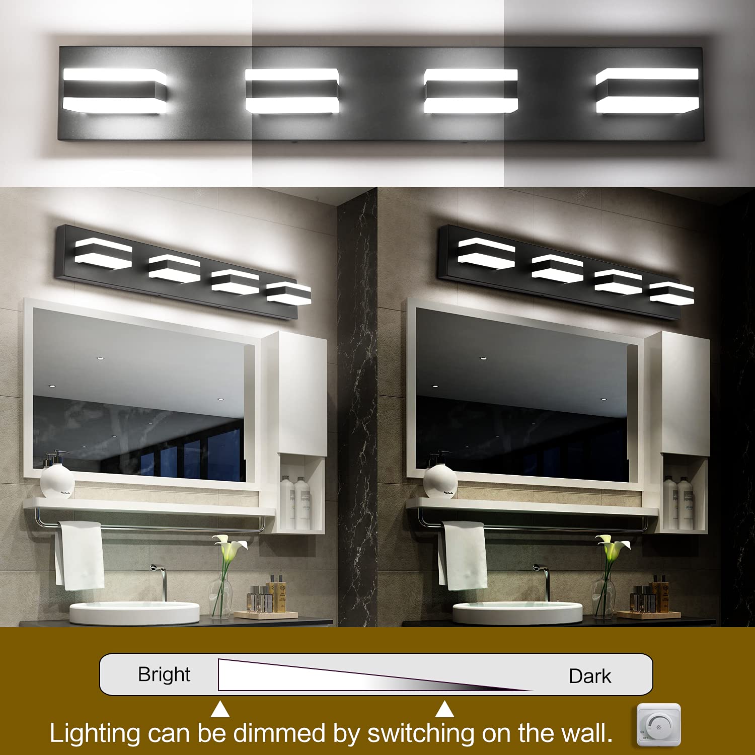 SOLFART 4-Light Dimmable Bathroom Vanity Light Fixture, Matt Black Metal with Acrylic, Model S8568-4T-6000K