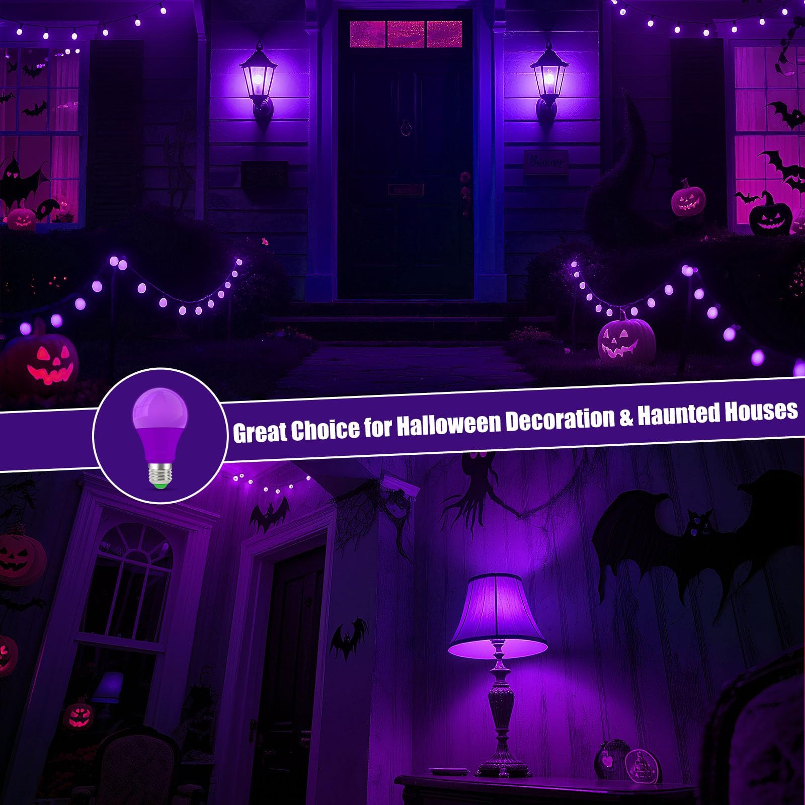 Wivety Purple Light Bulbs  A19 E26 Base  9W Led Purple Light Bulbs For Outdoor Porch  Indoor Party Decoration  Holiday Lighting  Halloween Decorations  Christmas Decoration(6 Packs)