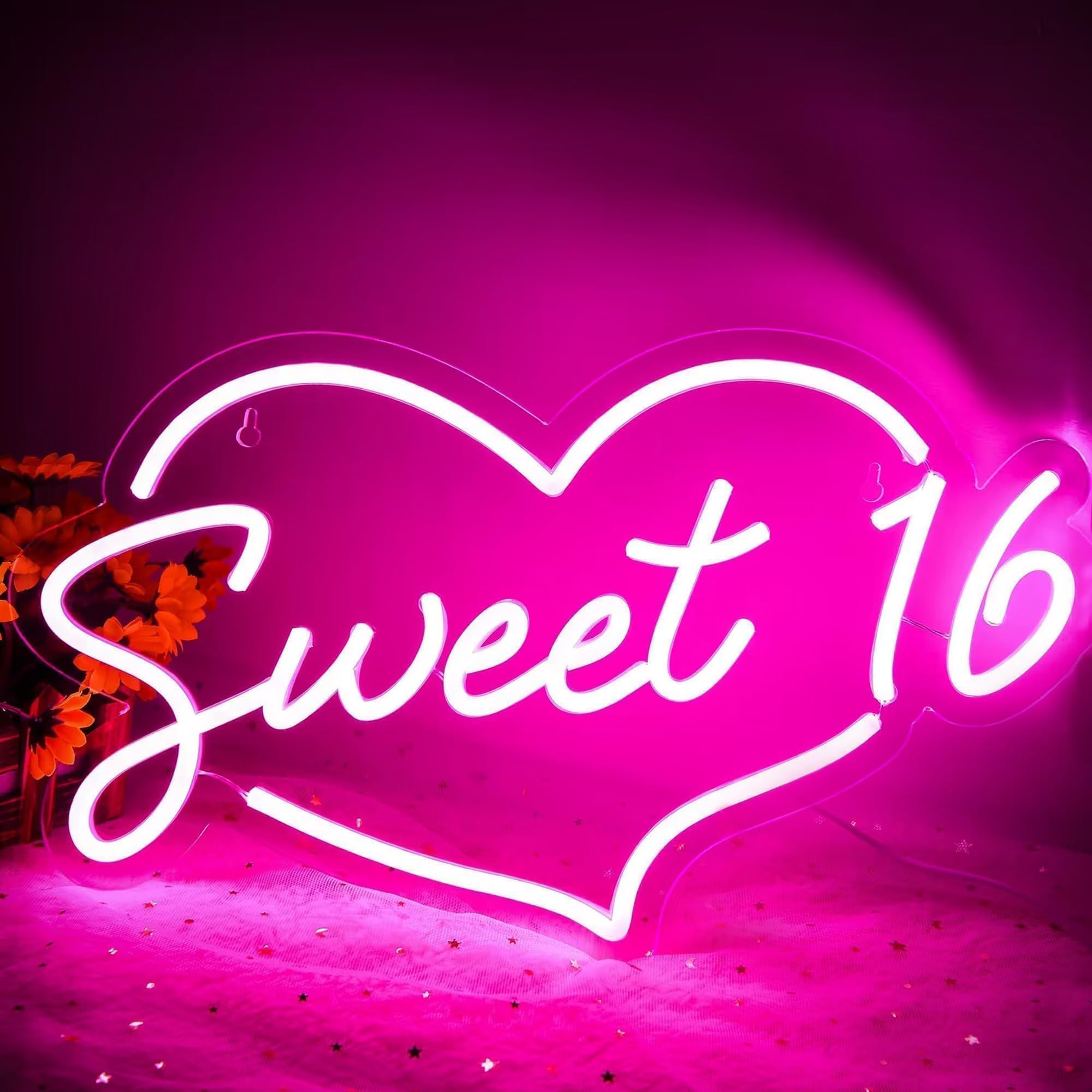 attneon Sweet 16 Neon Sign, LED Wall Decor, Acrylic, 16.1*9.8 Inch, Pink, Model JTLD700