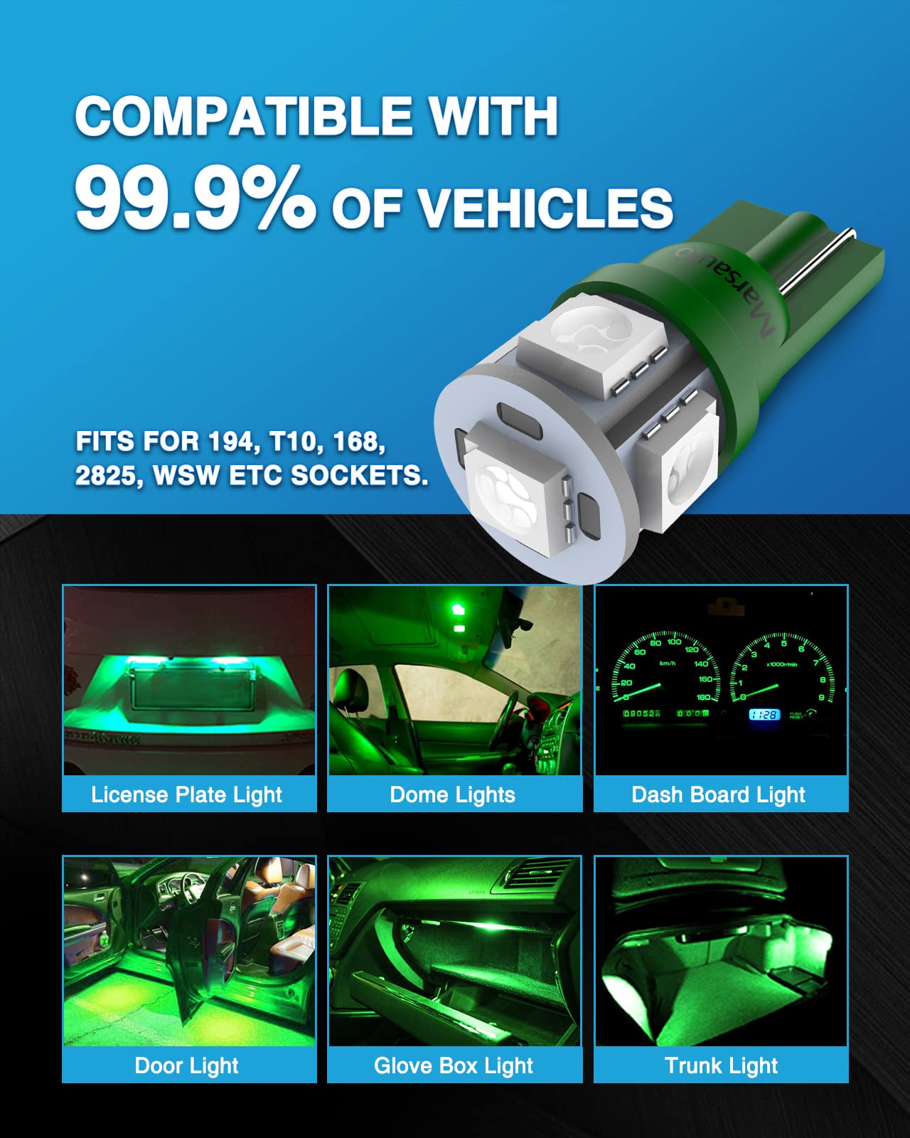 Marsauto 194 LED Light Bulb Green, 168 T10 2825 LED Replacement Bulbs for Car Dome Map Door Courtesy License Plate Lights (Pack