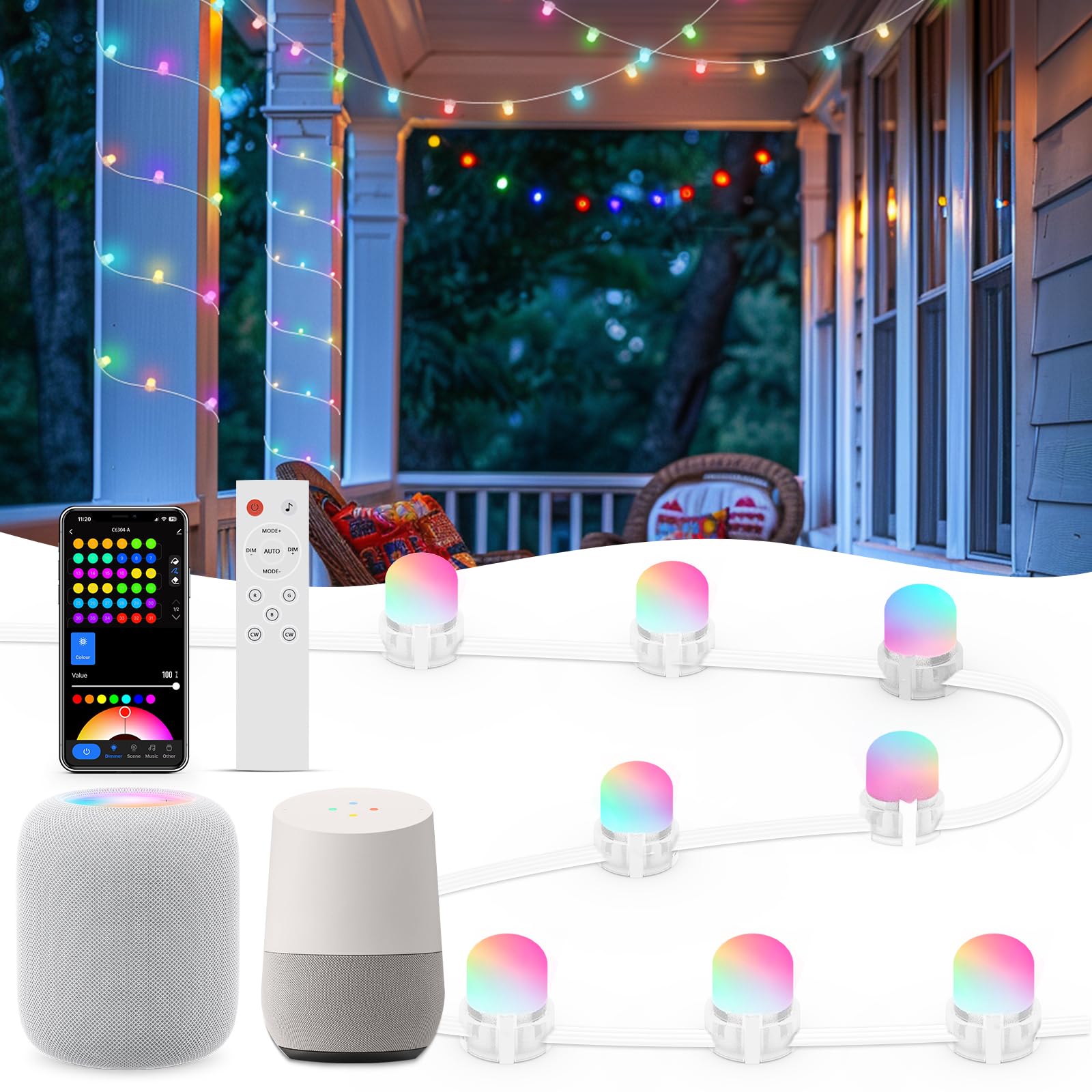 Smart Outdoor String Lights 76FT with 200 LEDs, IP65 Waterproof Patio Lights, 110+ Scene Modes Christmas Lights for Porch Garden