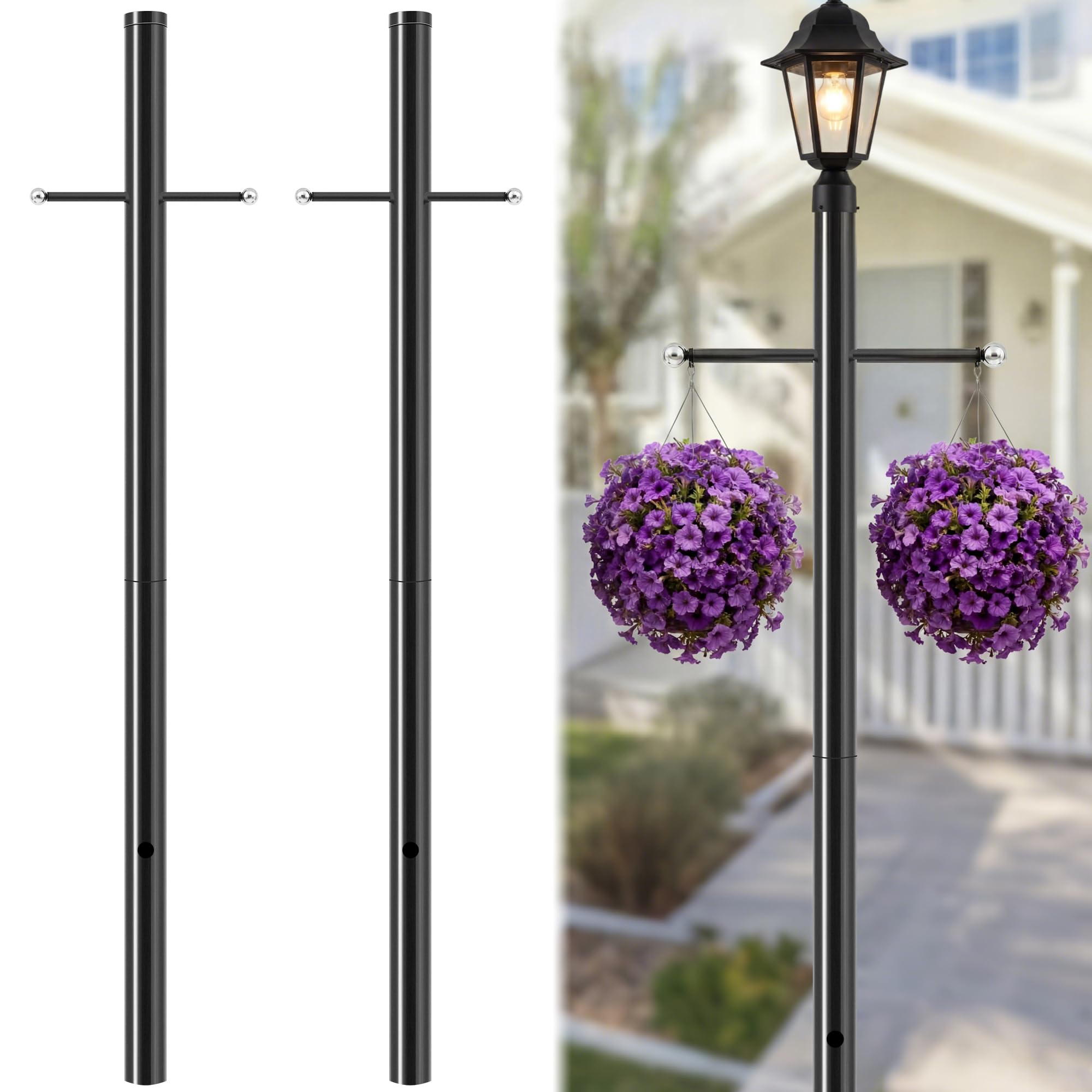 Zonon 1 Set 7 ft Outdoor Lamp Post with Cross Arm, 80 in H x 3 Inch Dia Direct Burial Light Pole with Wiring Hole for Driveway P