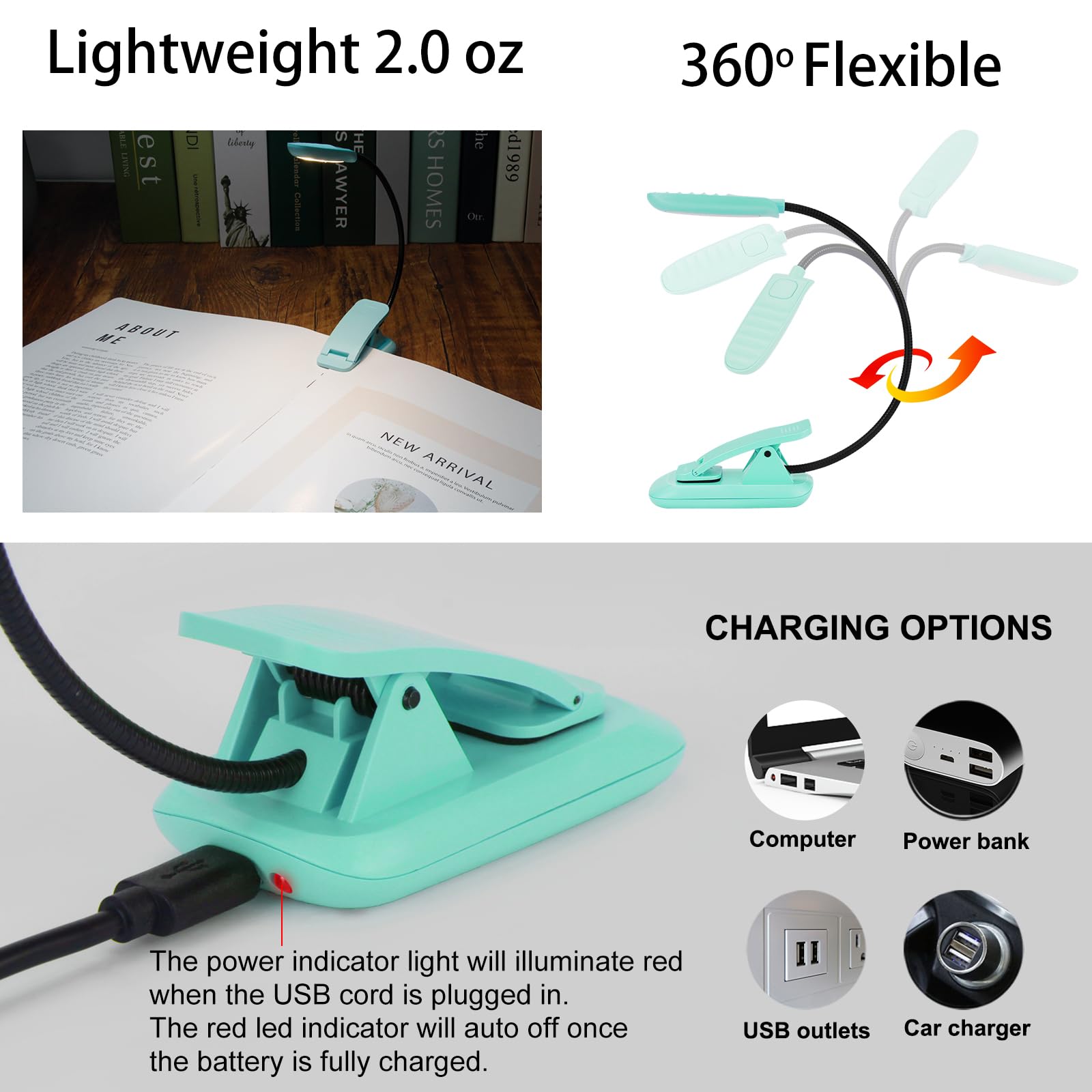 BIGMONAT Rechargeable Book Light, Adjustable Brightness, 2Pack - Blue, Lightweight Clip, 360° Rotary, Plastic Material