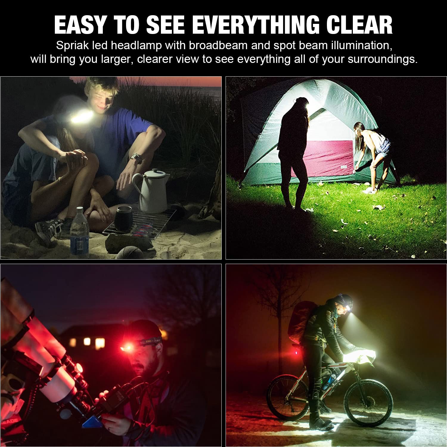 Spriak LED Headlamp - 1000 Lumens, 230° Wide Beam, USB Rechargeable, Waterproof, Lightweight, 2pcs, Aluminum for Camping, Running, Hiking