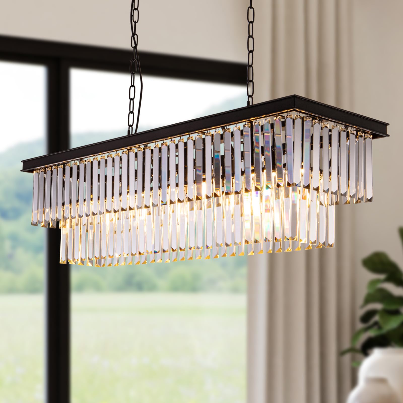 Wellmet Black Chandelier 40 Inch  11-Light Modern Rectangular Crystal Chandelier Ceiling Hanging  Linear Chandeliers Light Fixture For Living Room  Dining Room  Bedroom  Kitchen Island