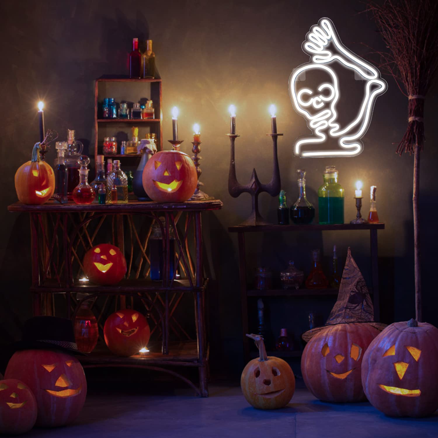 Faxfsign Skeleton Skull Neon Sign White Halloween Waving Ghost Led Light Up Signs For Wall Window Decor Usb Fun Lamp Neon Light Signs For Bedroom malt-inspired Bar Man Room Birthday Halloween Party Gifts