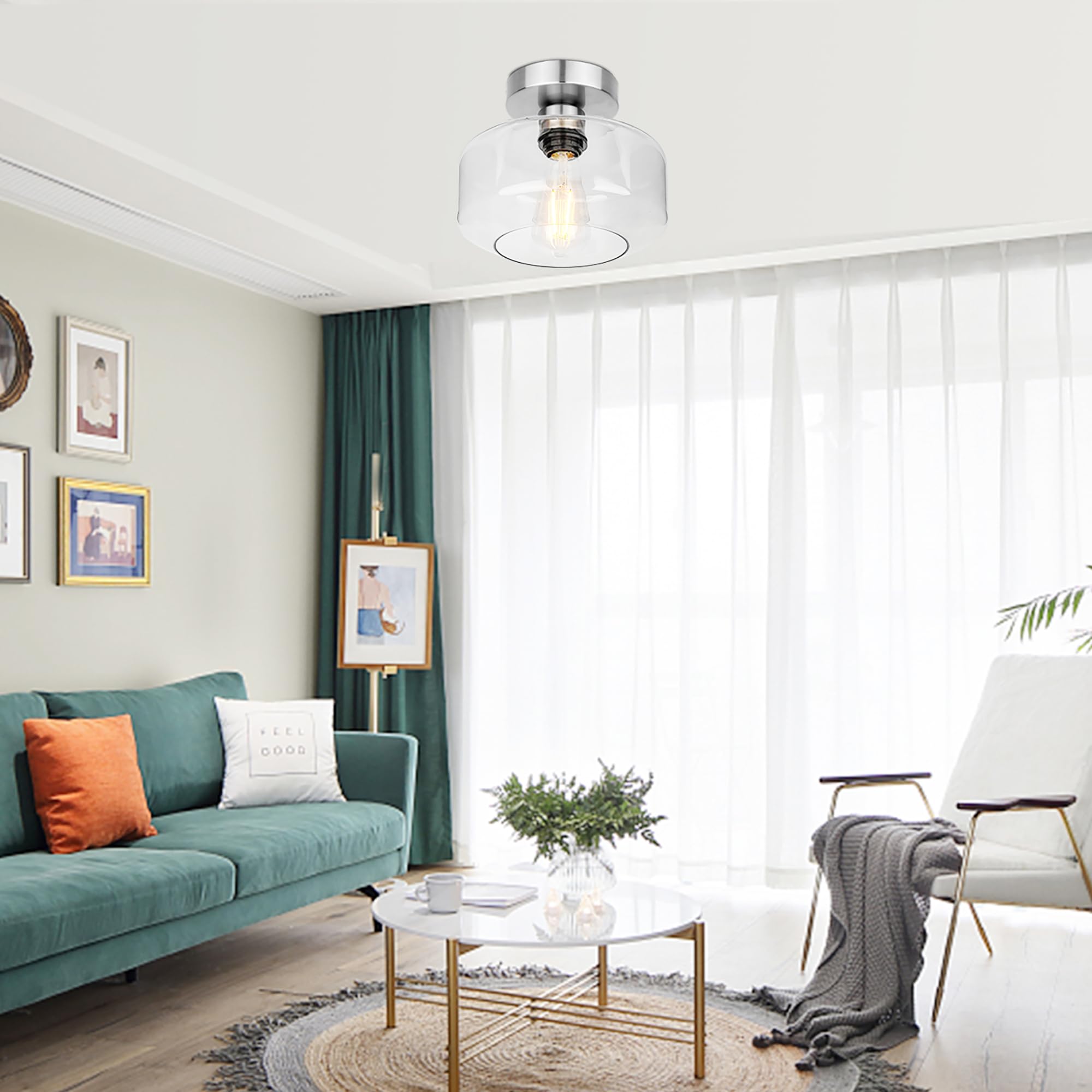 Lynnoland Industrial Semi Flush Mount Ceiling Light, Brushed Nickel, Clear Glass Shade, 900 Lumen LED Bulb, Model N1900CL03