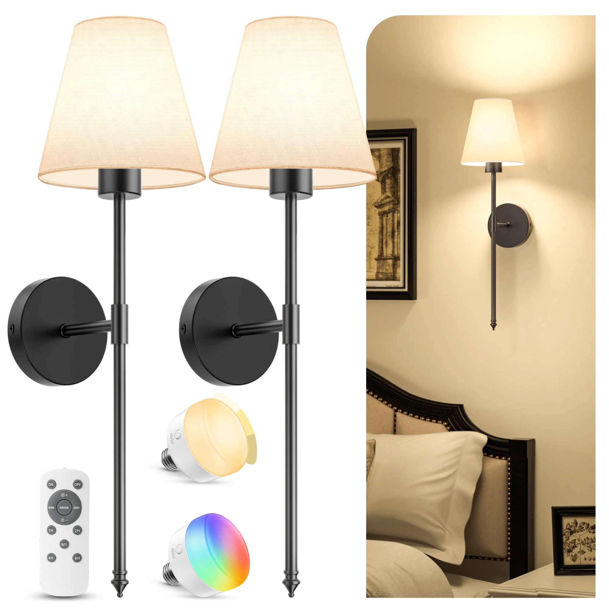 Volisun Battery Operated Wall Sconces Set Of Two, Wireless Wall Sconces With Remote And Dimmable Bulbs, 9 Colors Battery Powered