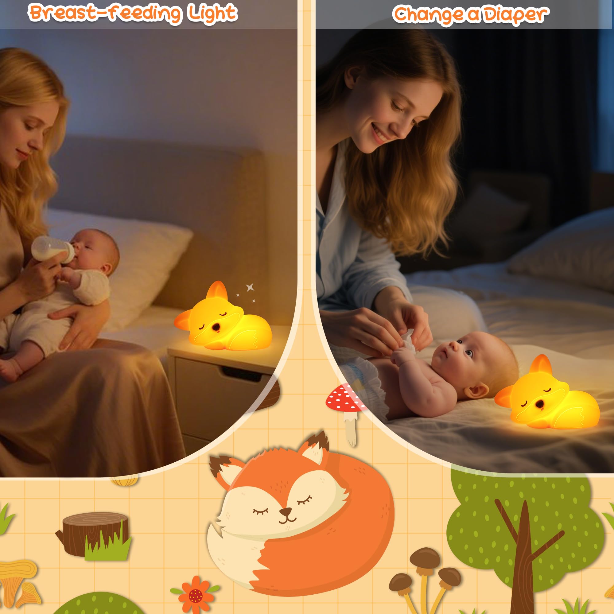 Okayera Fox Night Light For Kids  Cute Silicone Lamp With Rechargeable Dimmable 20 Mins Timer  Kids Bedside Decoration Light  Birthday Holiday Christmas Gifts Idea For Baby Girl Boy Friend