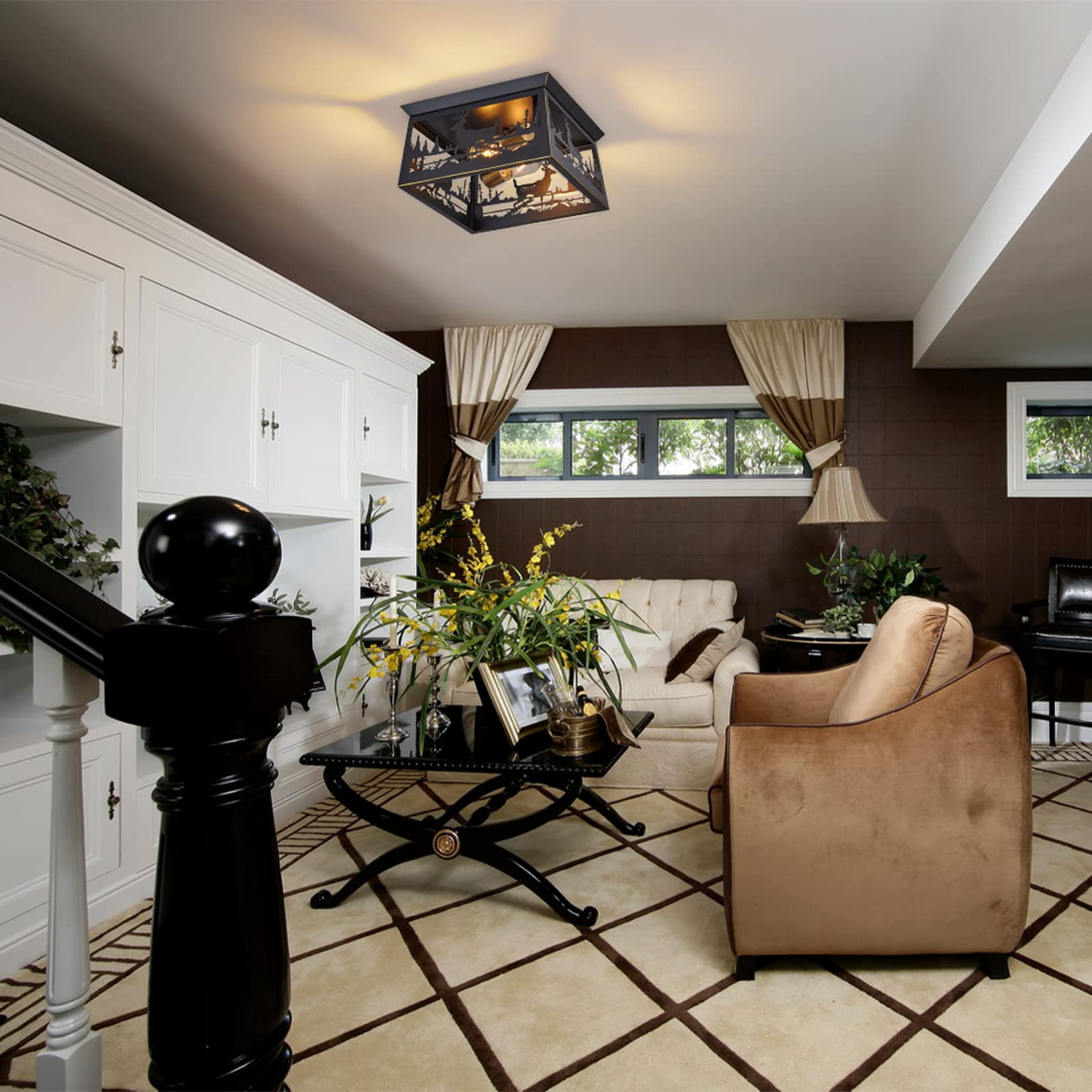 MLGB Farmhouse Flush Mount Ceiling Light Fixture, 12.6 inch, 2-Light Rustic Deer Design for Hallway, Porch, Entryway, Bedroom, Kitchen