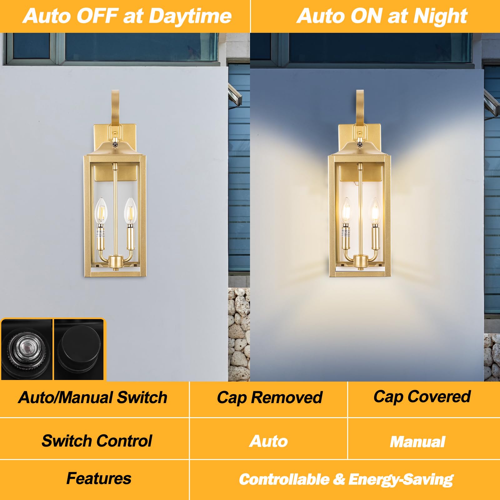 Yolsunes Gold Dusk To Dawn Outdoor Wall Lantern 2-Light, 19'' Large Outside Modern Wall Sconce Light Fixture, Industrial Porch L