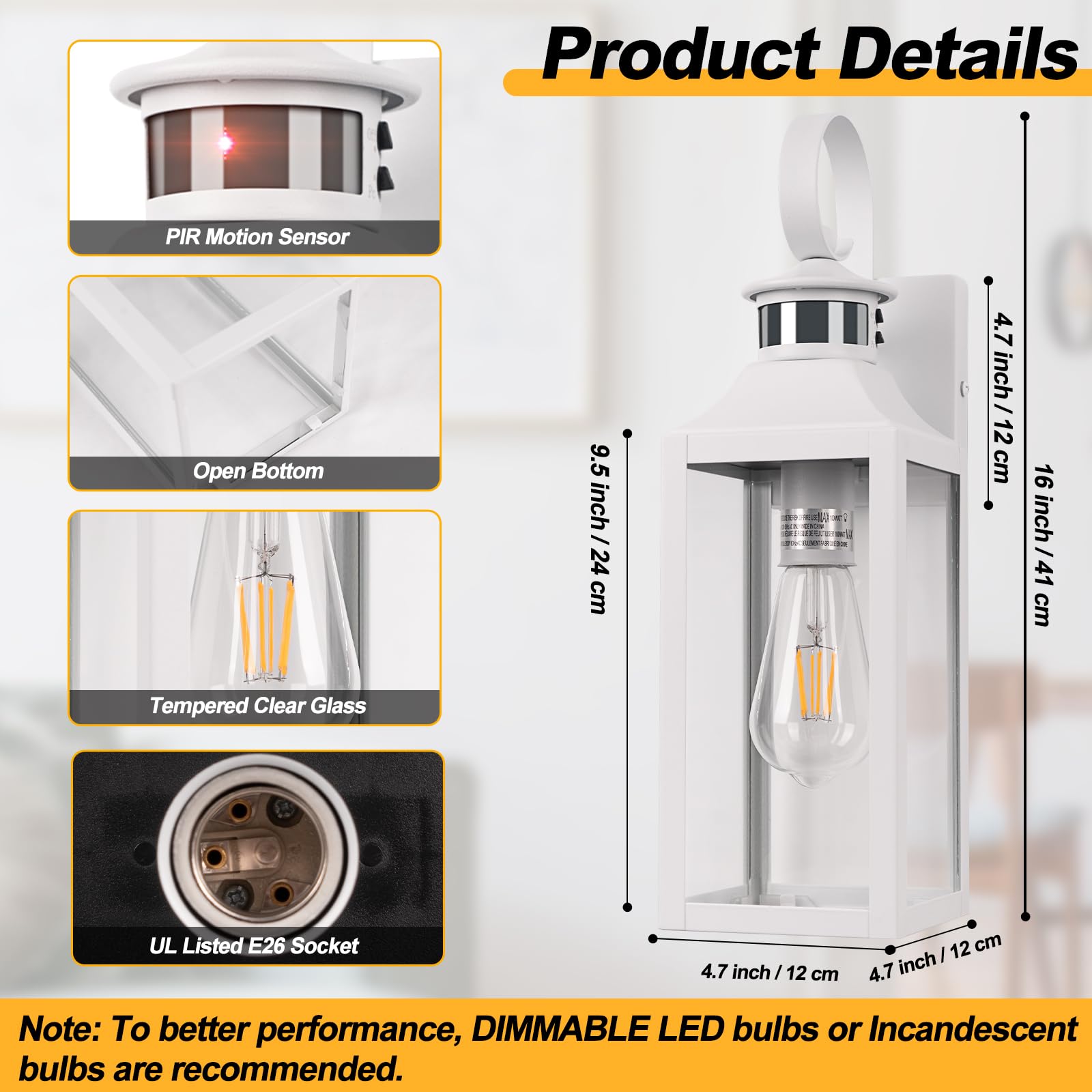 Yolsunes White Motion Sensor Outdoor Light, 16'' Dusk To Dawn Outdoor Lighting, Exterior Wall Sconce Waterproof, Large Outside L