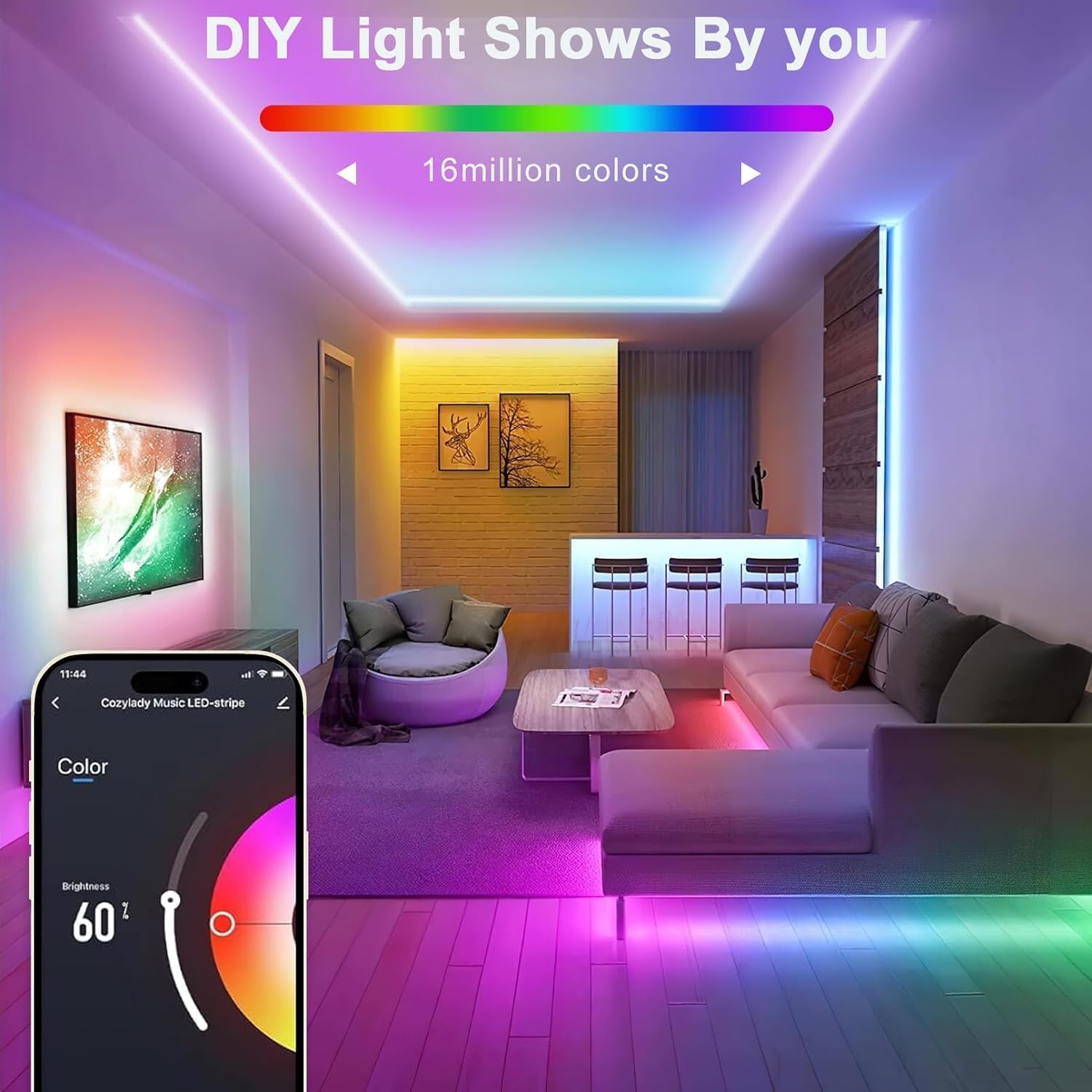 Lamomo Led Strip Lights, 16.4Ft Rgb Neon Led Lights For Bedroom, 12V App Control Music Sync Color Changing Rope Light, Waterproo