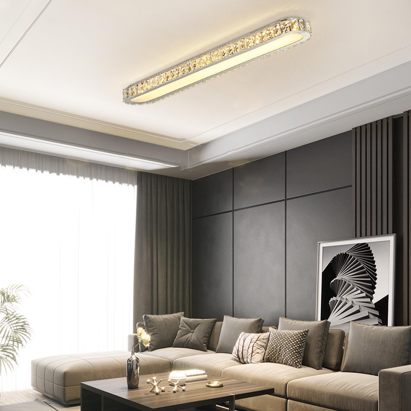 Qcyuui Dimmable Led Ceiling Light 39.4 Kitchen Lighting Fixtures Ceiling Modern stylish Crystal Ceiling Light With Remote Chrome Long Ceiling Light Fixture For Kitchen Dining Room Hallway 48W
