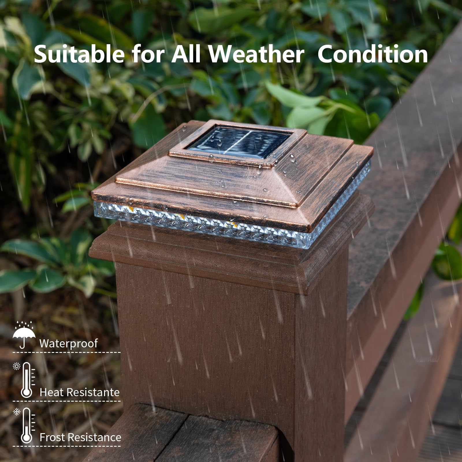 HUYIENO Solar Post Cap Lights - 20 Lumens, 2 Light Modes, 4x4/5x5, Brushed Copper, 8pk, Durable ABS Material, Model
